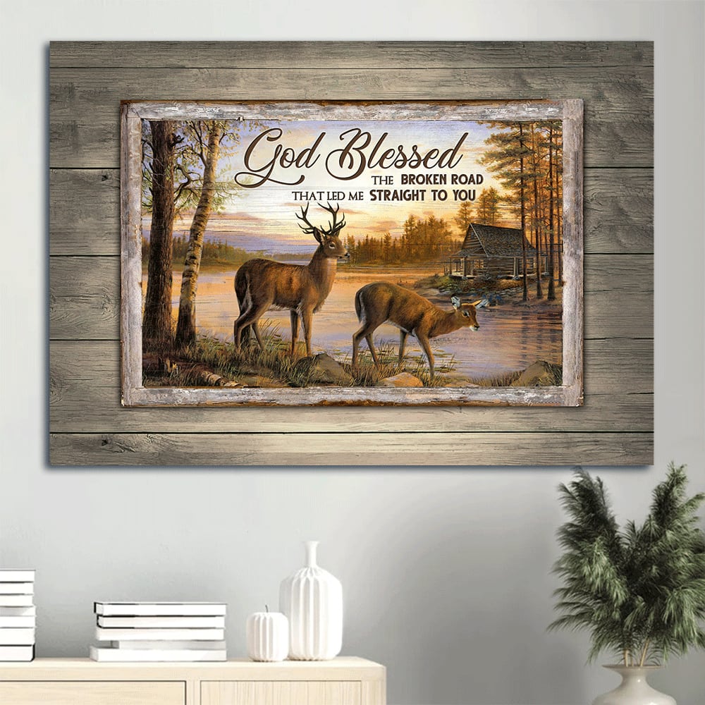 Beautiful Sunset Brown Deer River Painting God Blessed The Broken Road Canvas Wall Art – Christian Wall Decor