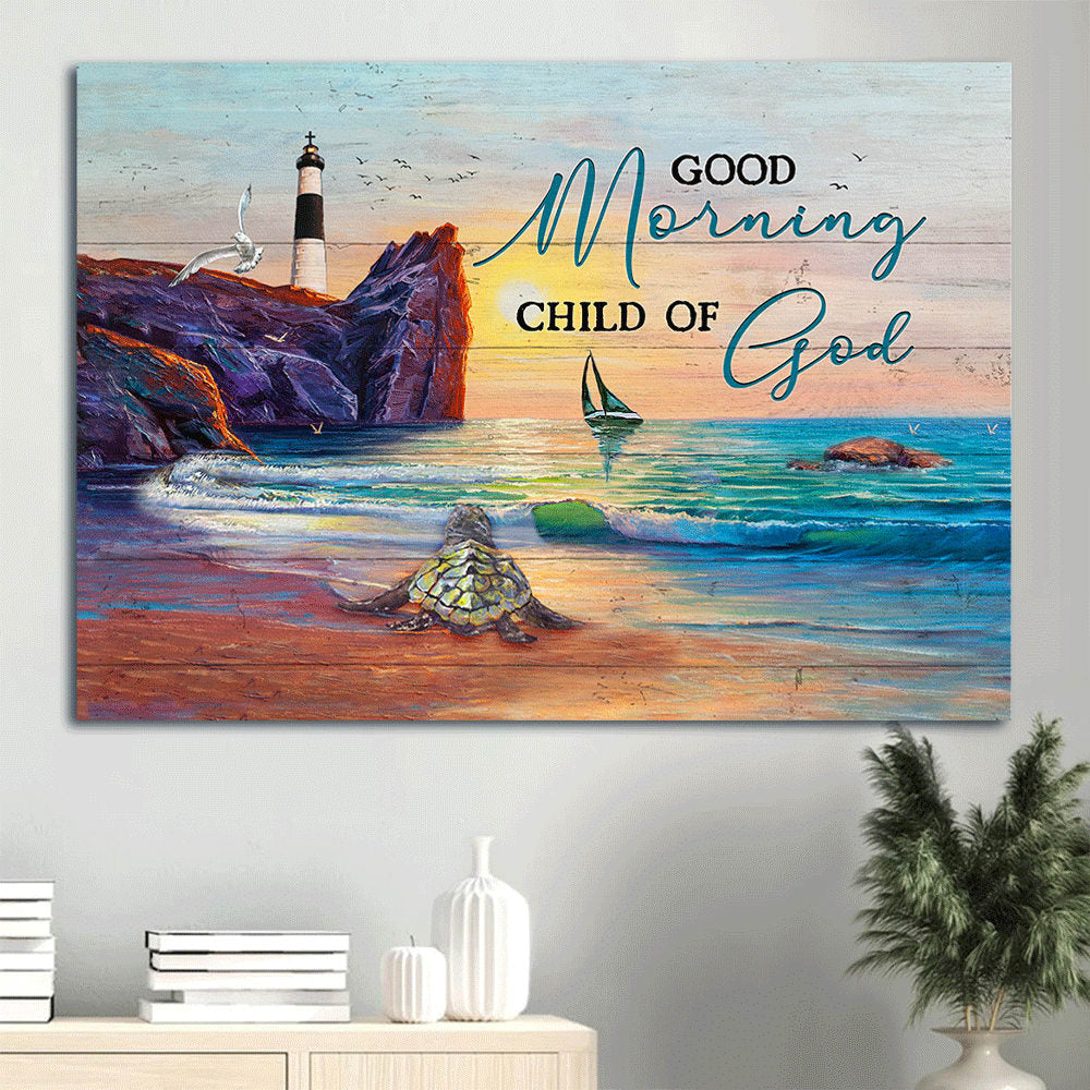 Beautiful Sunset Oldest Turtle Amazing Ocean Good Morning Child Of God Canvas Wall Art – Christian Wall Decor