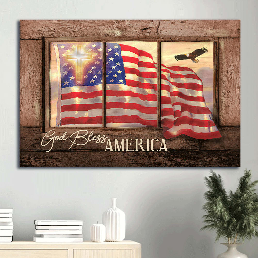 Beautiful Us Flag Cross Symbol Vintage Window God Bless America Canvas Wall Art – Christian Wall Decor