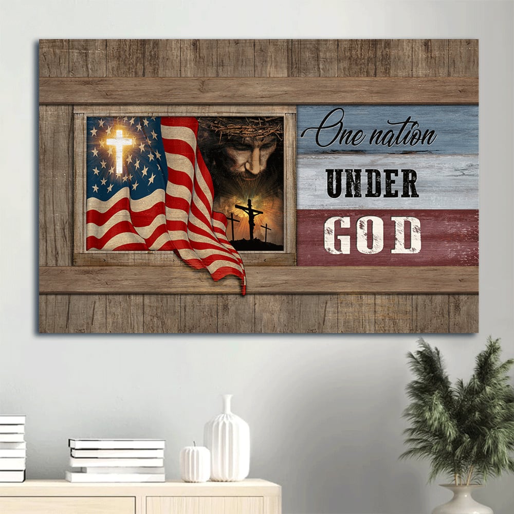 Beautiful Us Flag Face Of Jesus Window Painting One Nation Under God Canvas Wall Art – Christian Wall Decor