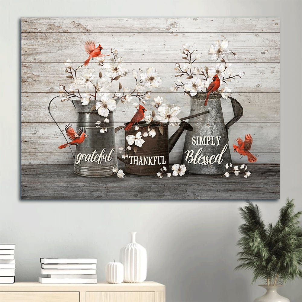 Beautiful White Flowers Red Cardinals Water Pots Simply Blessed Canvas Wall Art – Christian Wall Decor