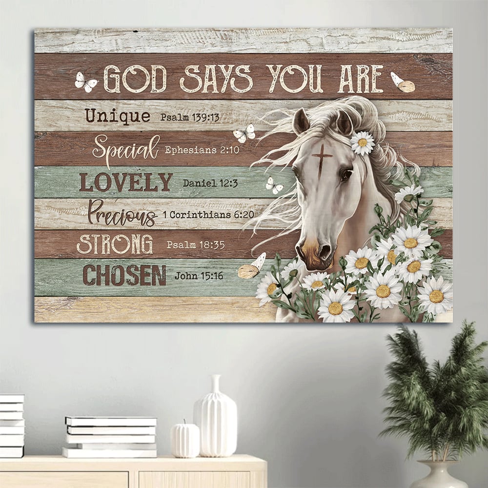 Beautiful White Horse Horse Drawing Daisy Flower God Says You Are Canvas Wall Art – Christian Wall Decor