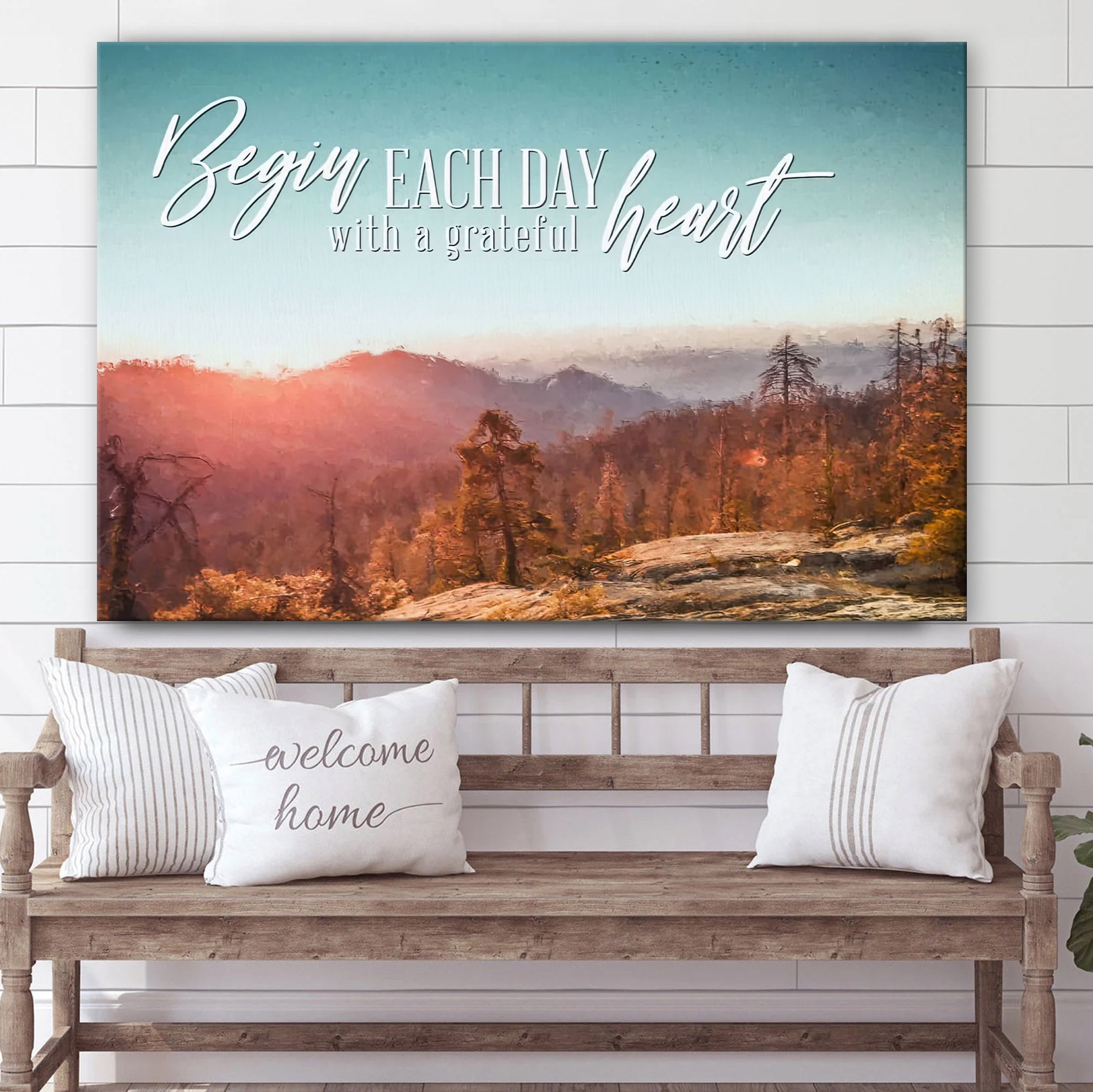 Begin Each Day With A Grateful Heart Mountain Forest Christian Wall Art Canvas – Prints Canvas