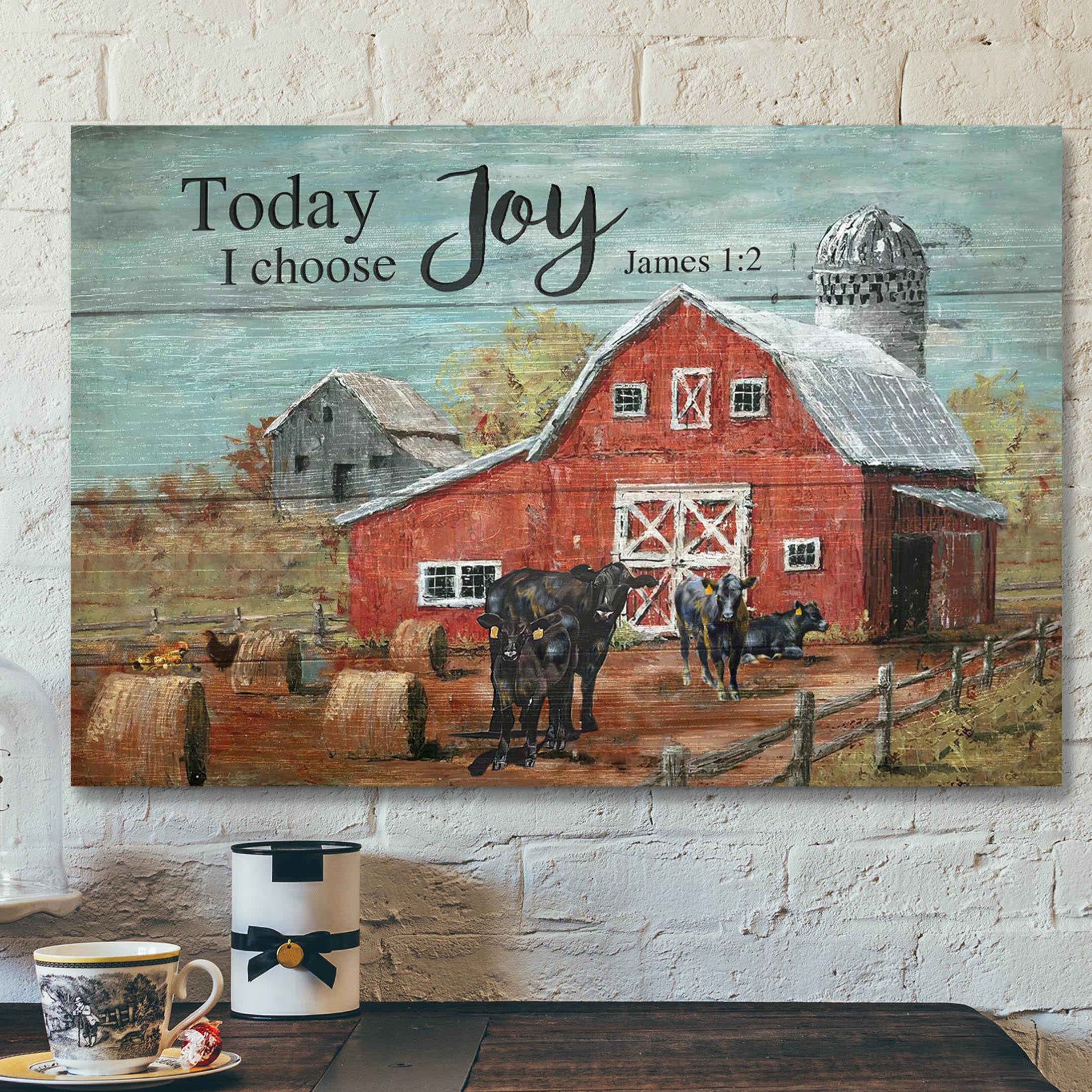 Bible Verse Canvas – Angus Cows In Tranquil Farm – Today I Choose Joy Canvas Wall Art