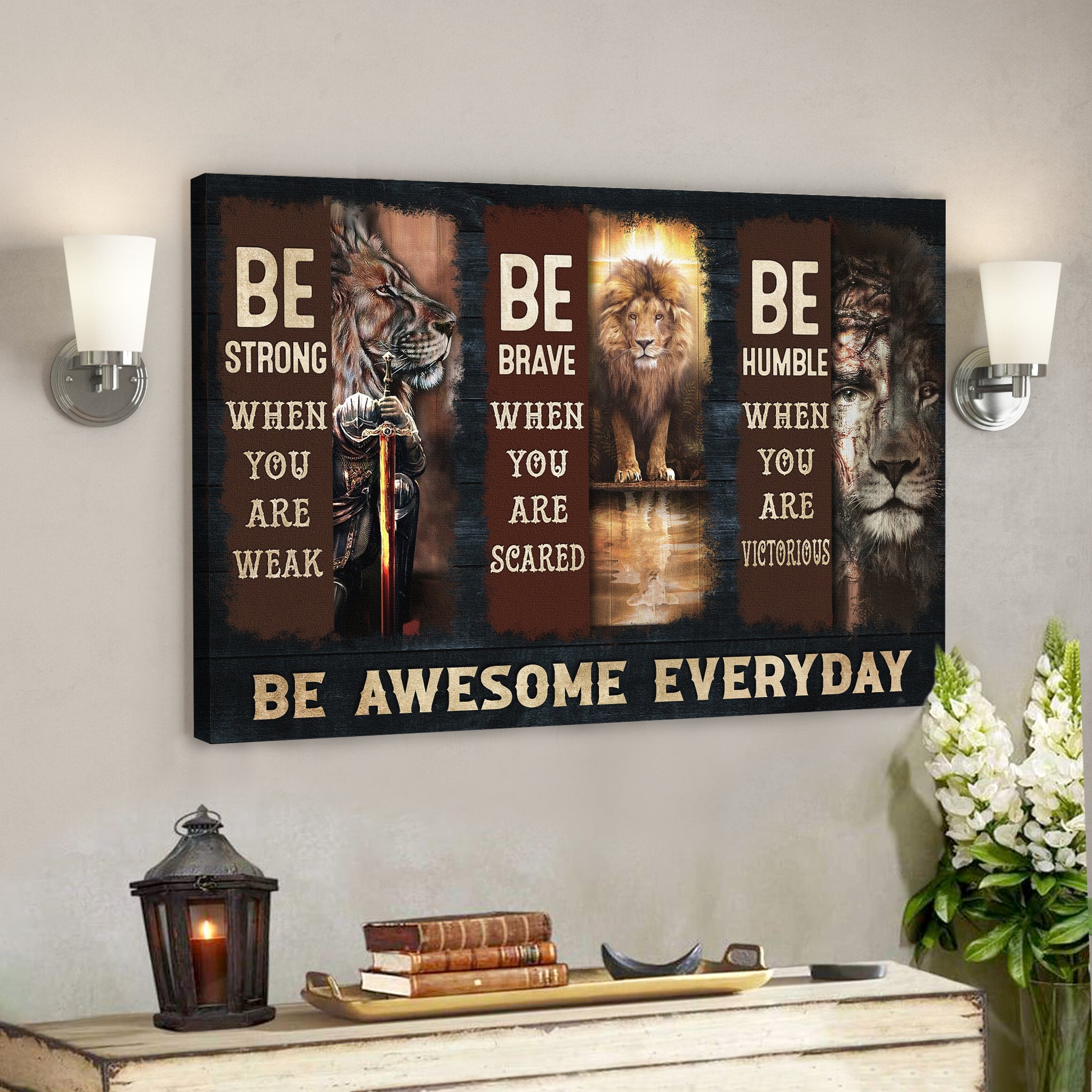 Bible Verse Canvas – Awesome Lion And Warrior – Be Awesome Everyday Canvas Wall Art – Scripture Canvas Wall Art