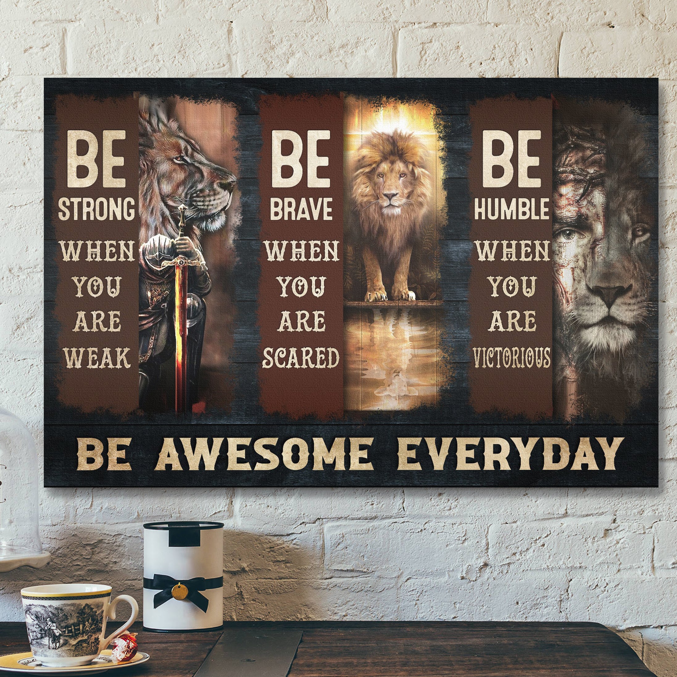 Bible Verse Canvas – Awesome Lion And Warrior – Be Awesome Everyday Canvas Wall Art – Scripture Canvas Wall Art