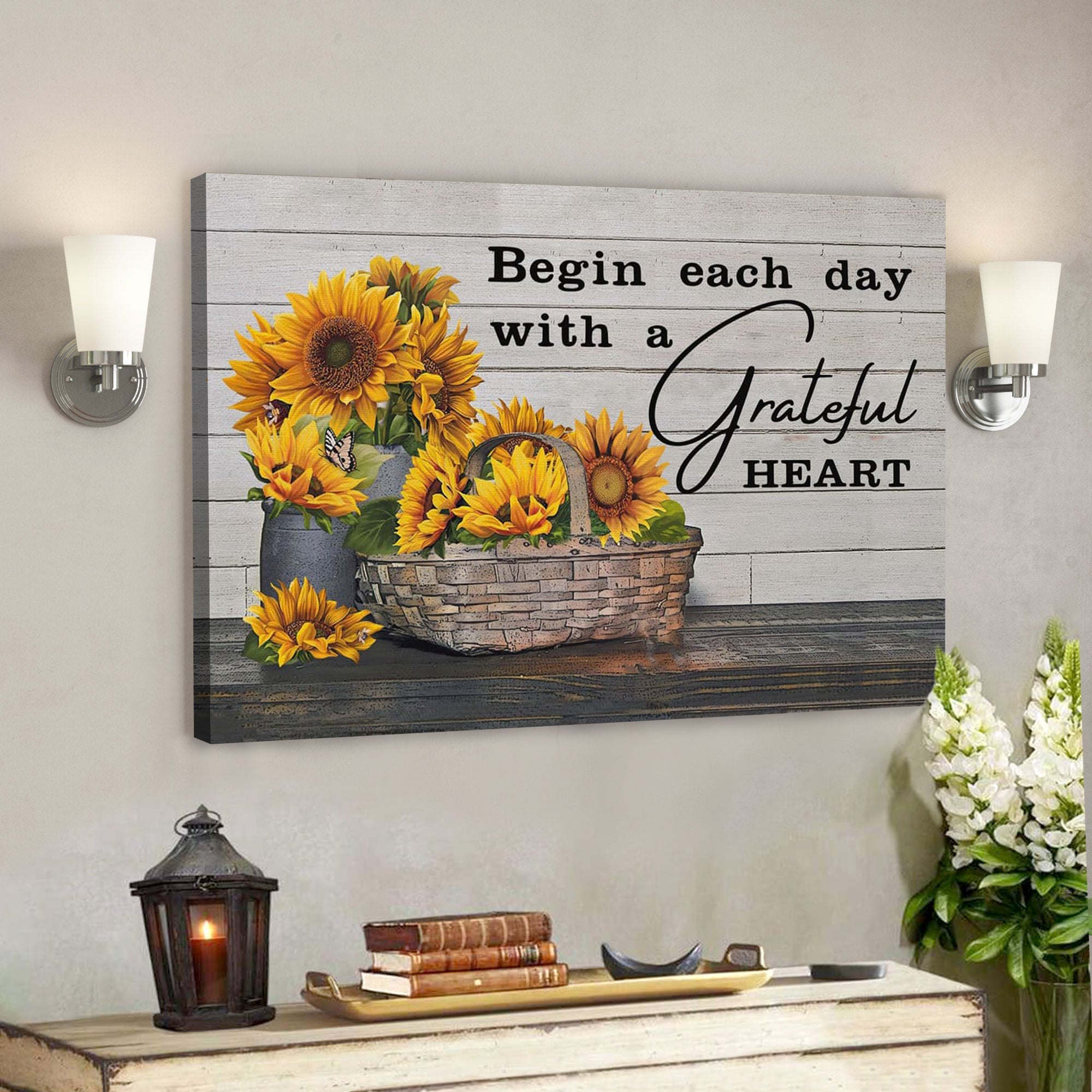 Bible Verse Canvas – Begin Each Day With A Grateful Heart Canvas Print – Scripture Canvas Wall Art