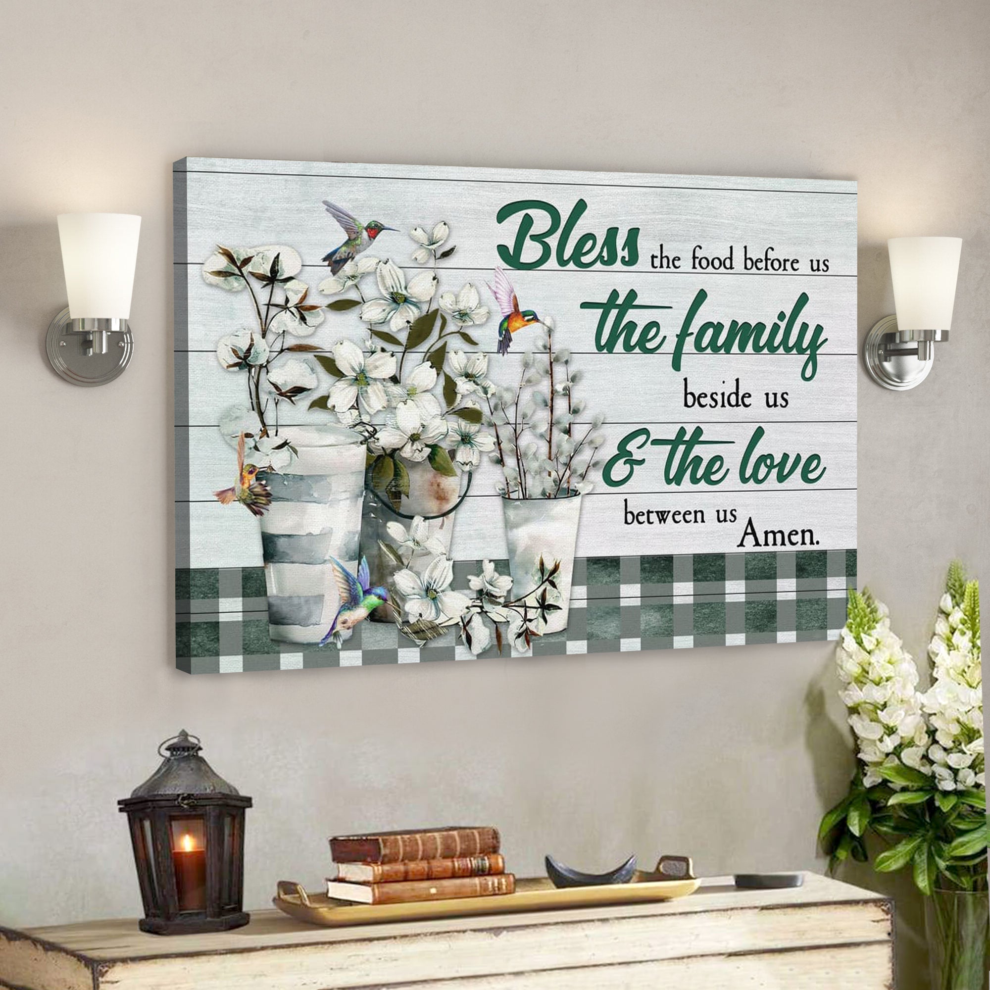 Bible Verse Canvas – Bless The Food Before Us Floral Canvas Print – Scripture Canvas Wall Art