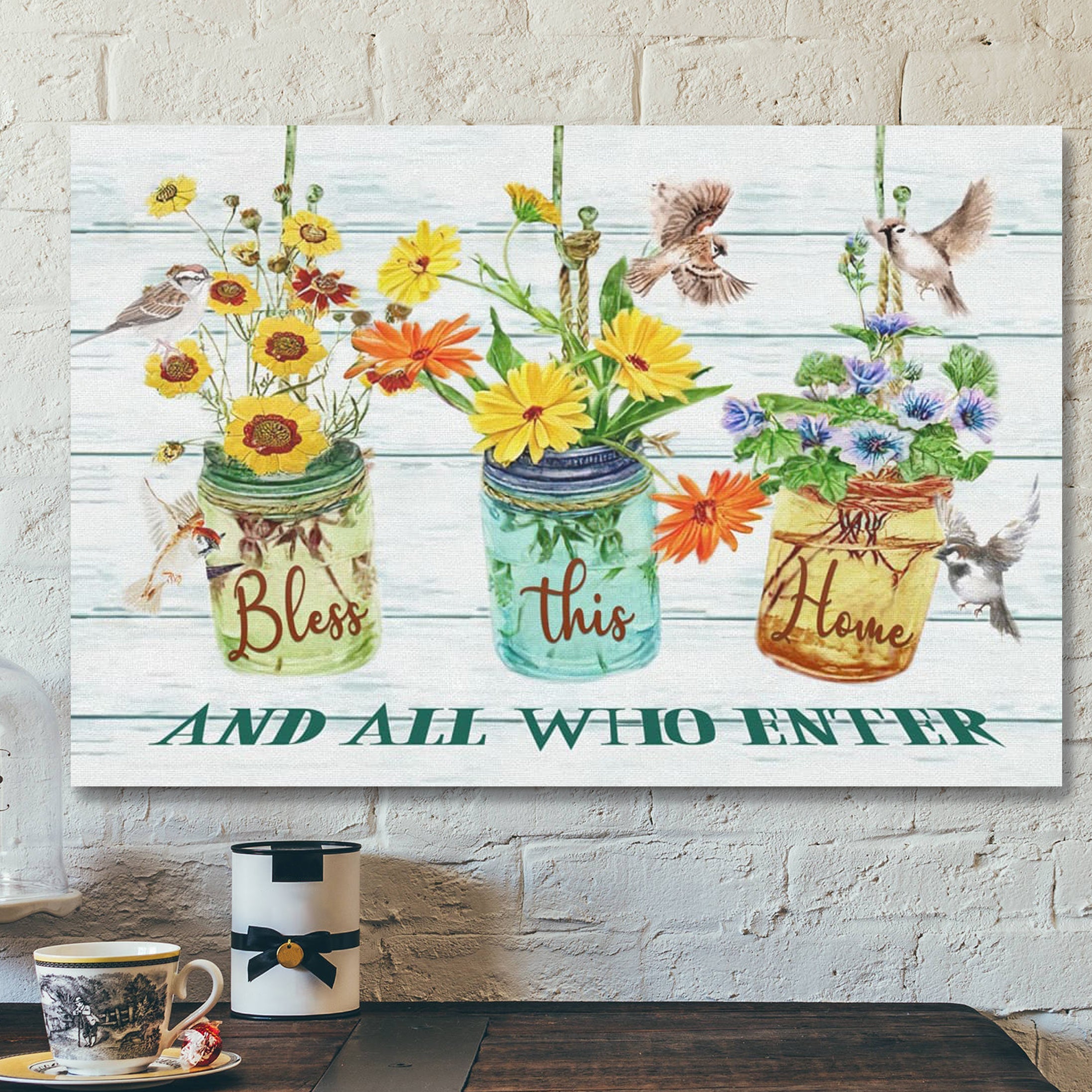 Bible Verse Canvas – Bless This Home And All Who Enter Floral Sparrow Canvas Print – Scripture Canvas Wall Art