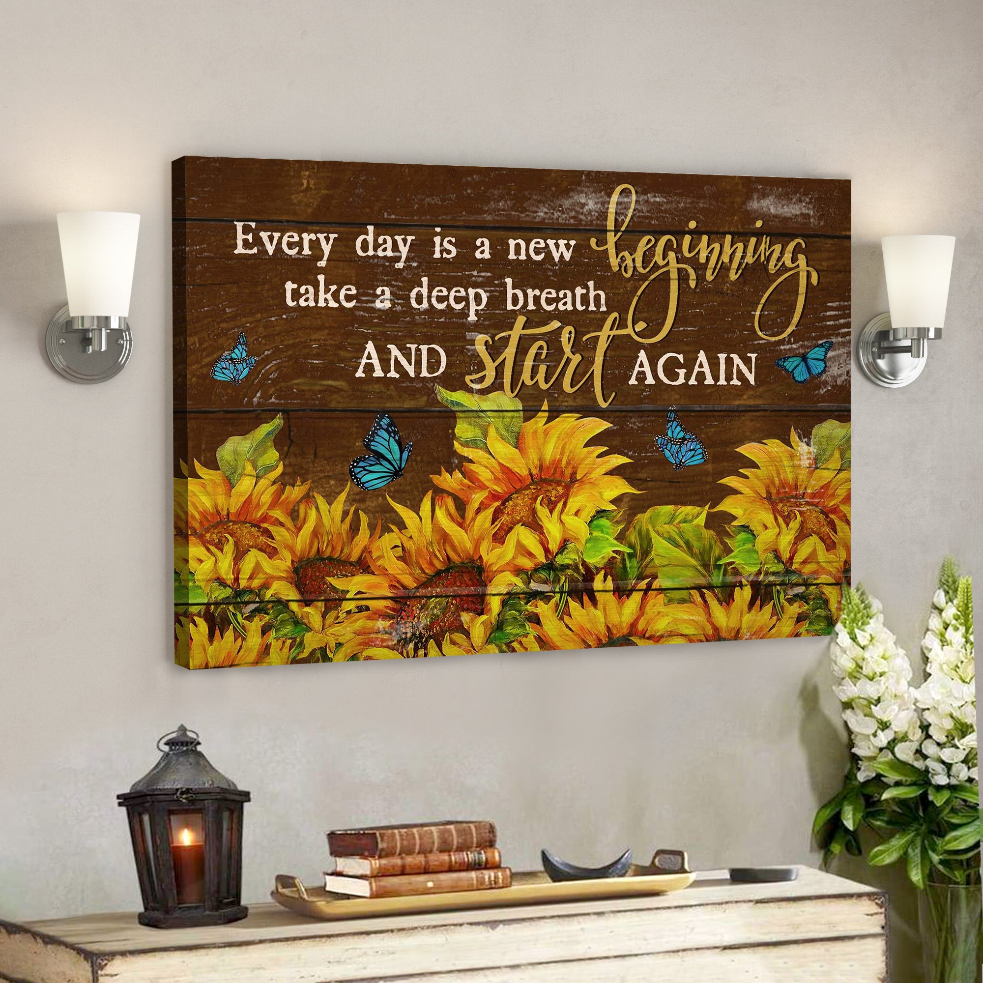 Bible Verse Canvas – Butterfly And Sunflower – Every Day Is A New Beginning Canvas Wall Art