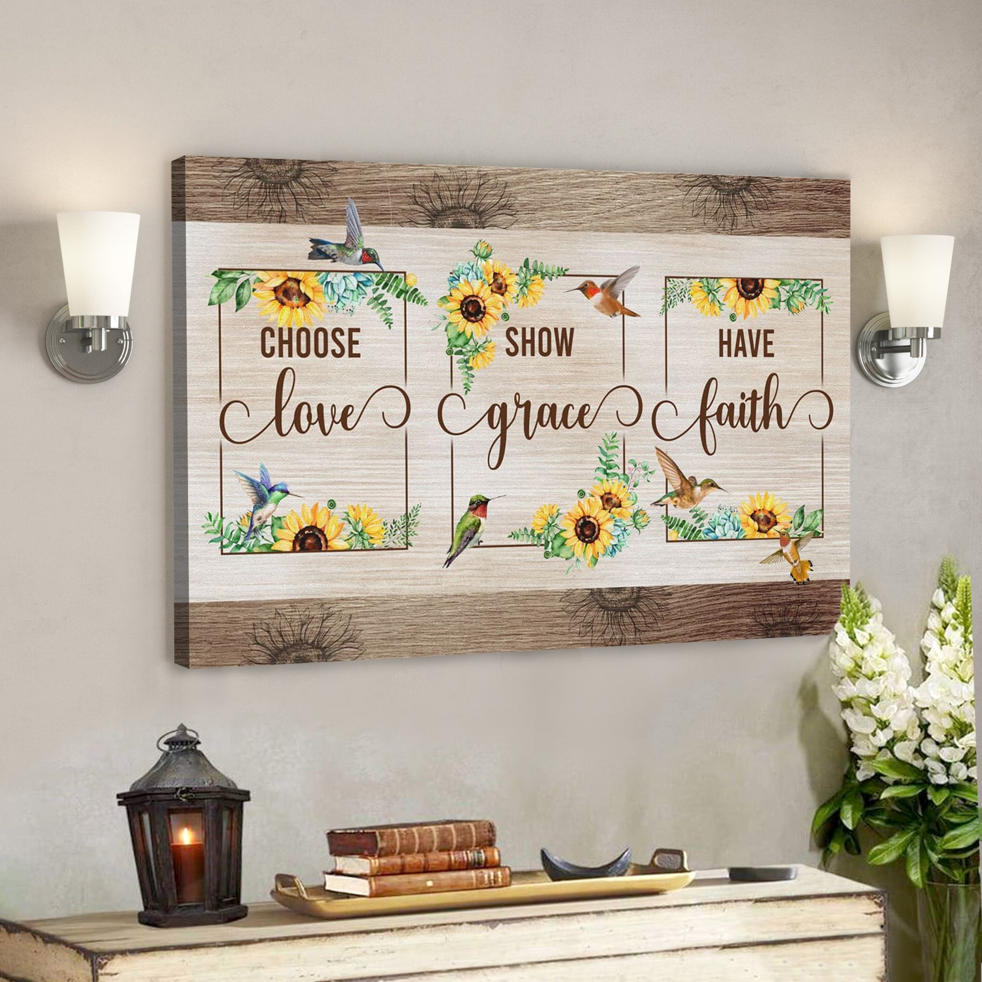 Bible Verse Canvas – Choose Love Show Grace Have Faith Hummingbird Sunflower Wall Art Canvas – Scripture Canvas Wall Art