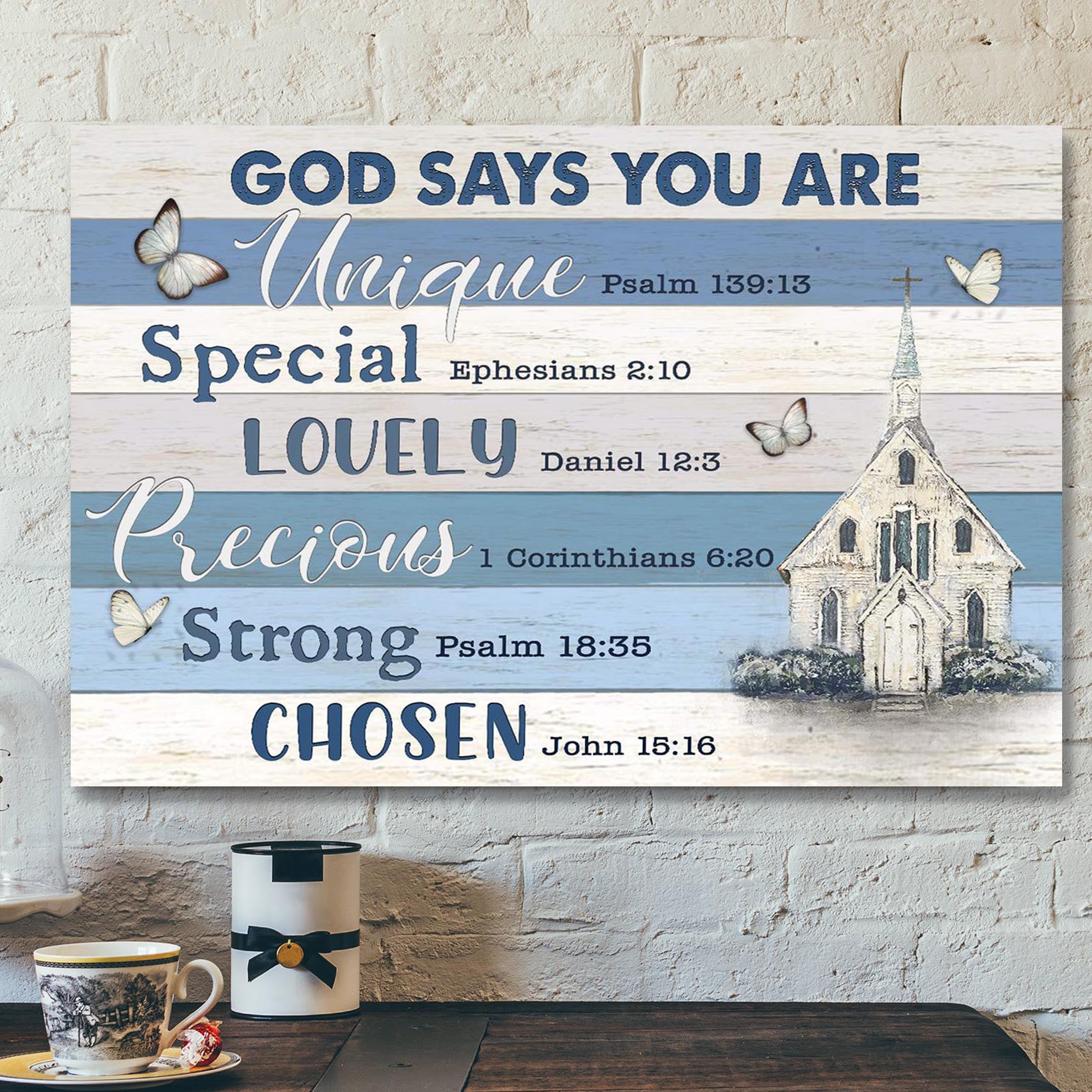 Bible Verse Canvas – Church And Butterfly – God Says You Are Canvas Wall Art