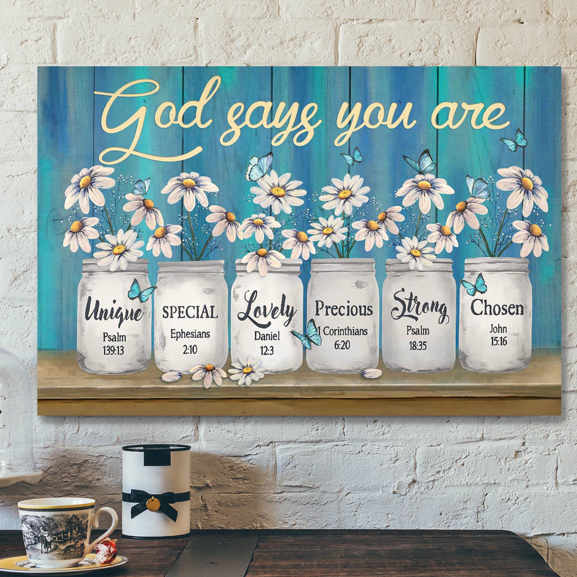 Bible Verse Canvas – Daisy Jar On Blue Background – God Says You Are Canvas Wall Art