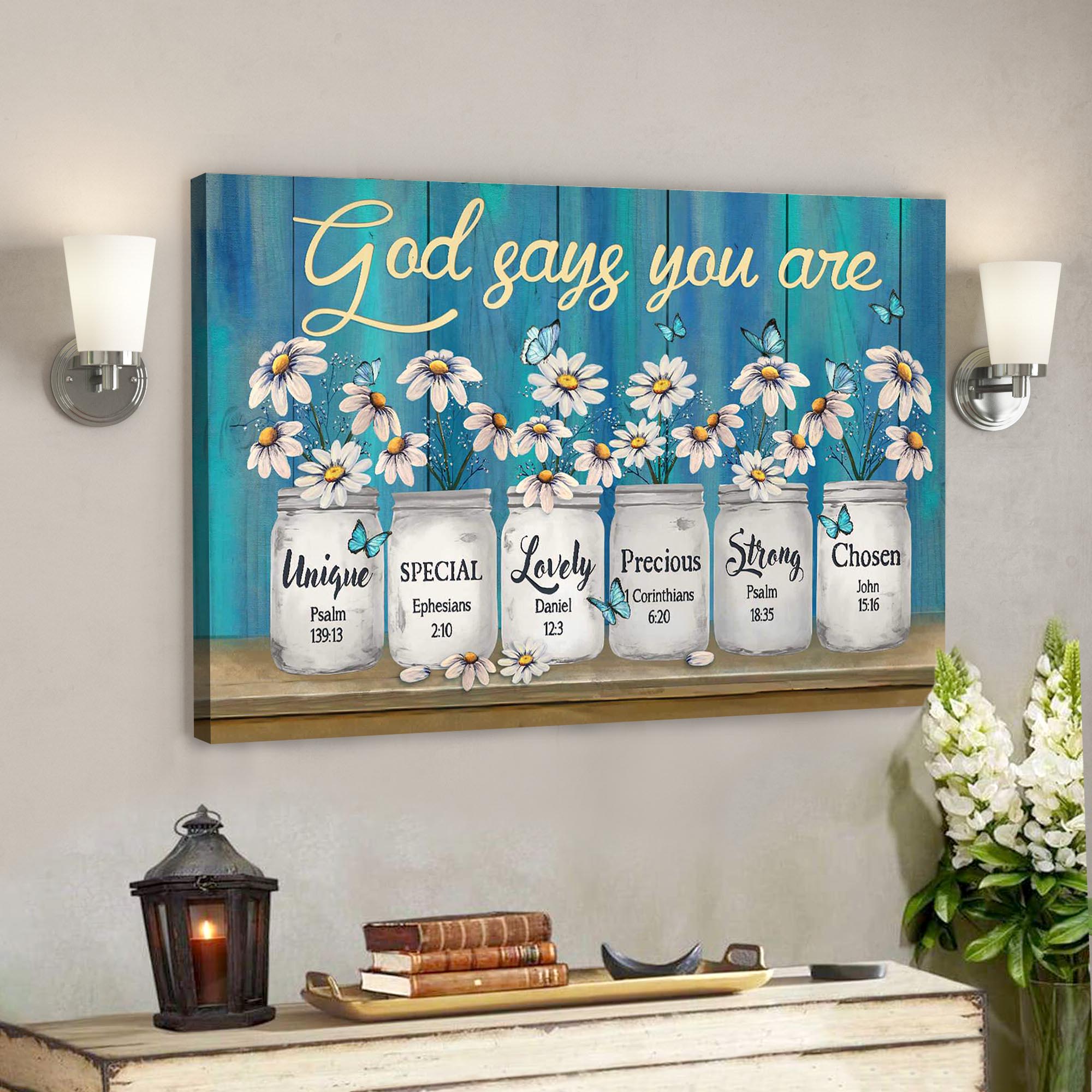 Bible Verse Canvas – Daisy Jar On Blue Background – God Says You Are Canvas Wall Art