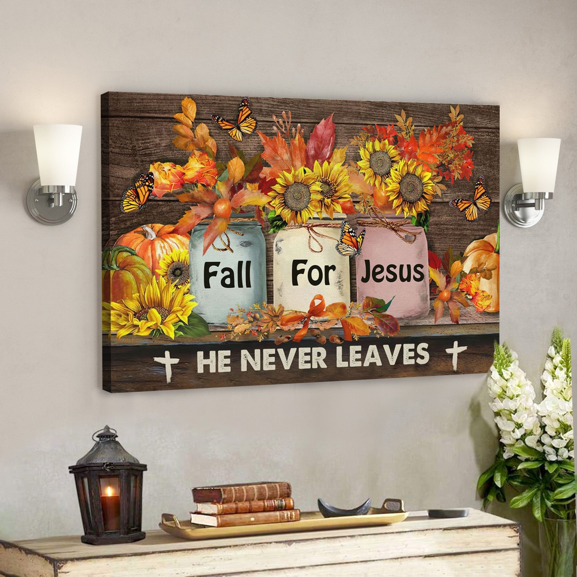 Bible Verse Canvas – Fall For Jesus He Never Leaves Autumn Pumpkin Wall Art Canvas Thanksgiving Wall Art – Scripture Canvas Wall Art