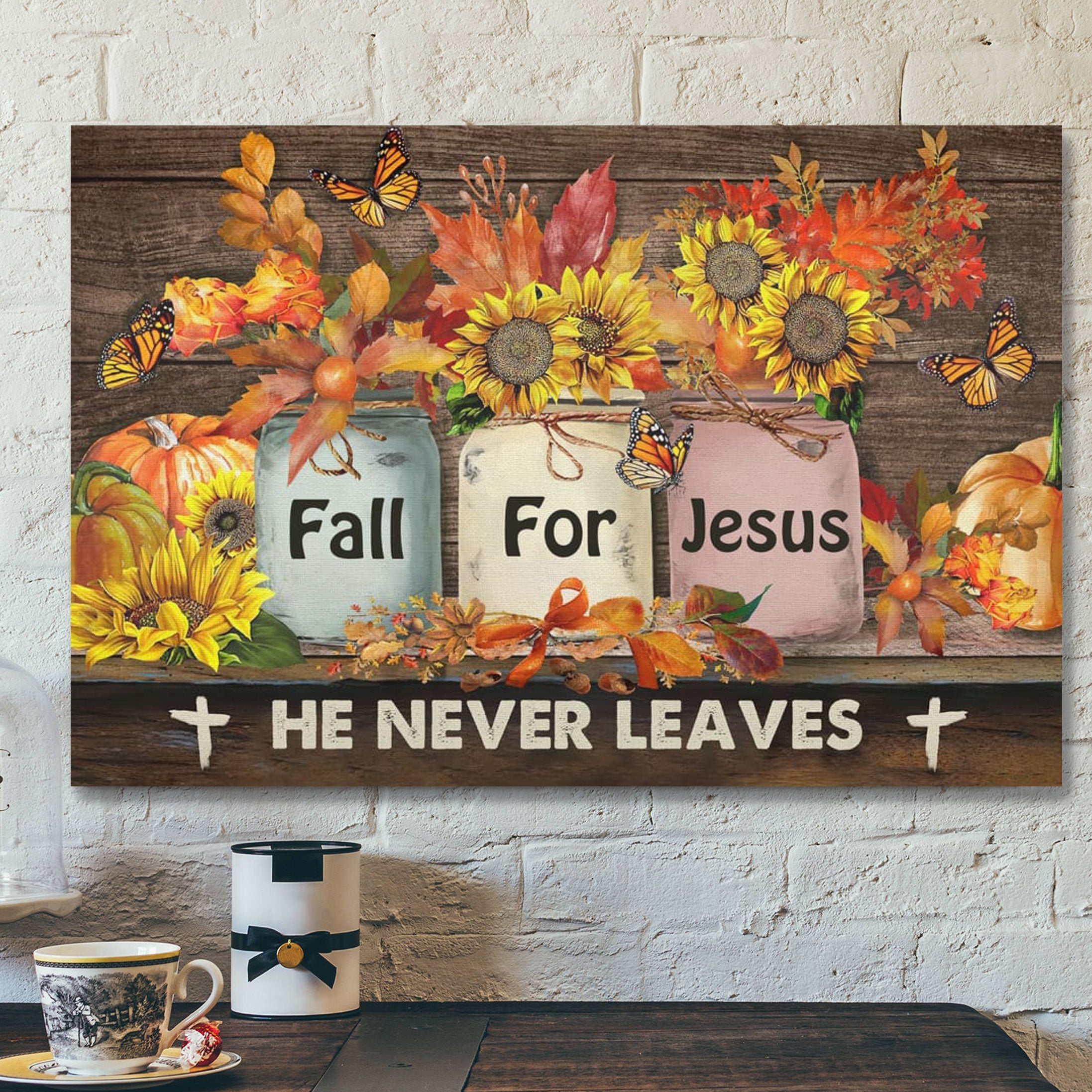 Bible Verse Canvas – Fall For Jesus He Never Leaves Autumn Pumpkin Wall Art Canvas Thanksgiving Wall Art – Scripture Canvas Wall Art