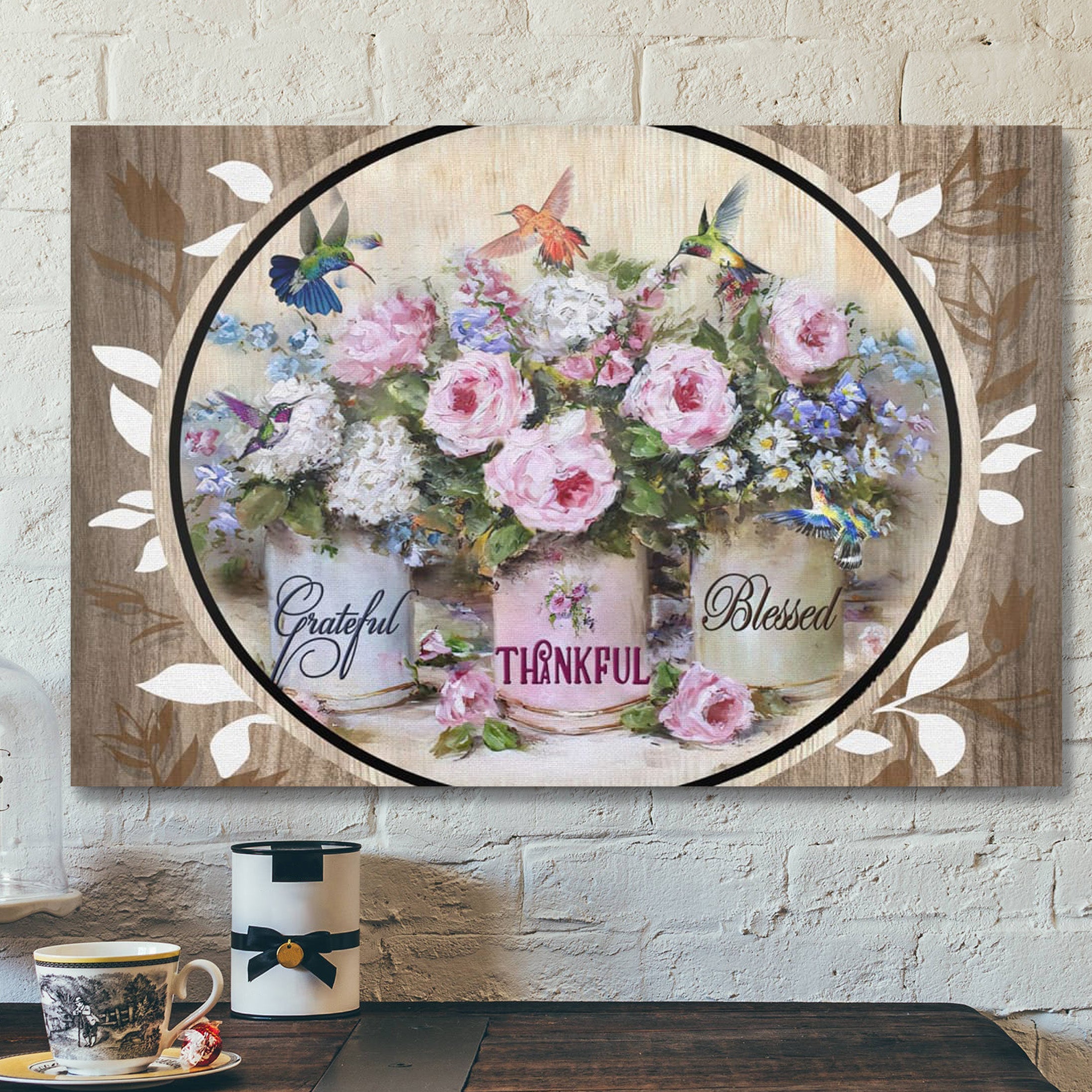 Bible Verse Canvas – Grateful Thankful Blessed Hummingbird Flowers Canvas – Scripture Canvas Wall Art