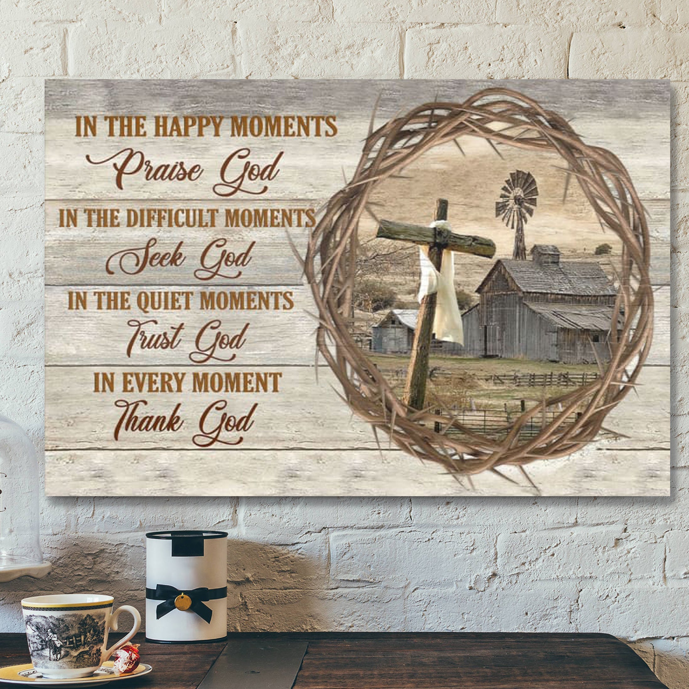 Bible Verse Canvas – In Happy Moments Praise God Farmhouse Style Wall Art Canvas – Scripture Canvas Wall Art