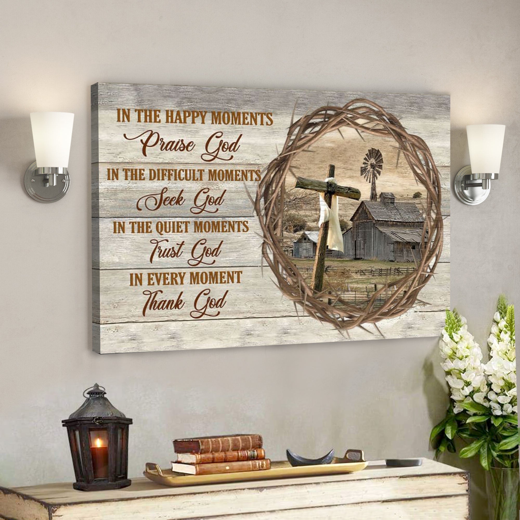 Bible Verse Canvas – In Happy Moments Praise God Farmhouse Style Wall Art Canvas – Scripture Canvas Wall Art