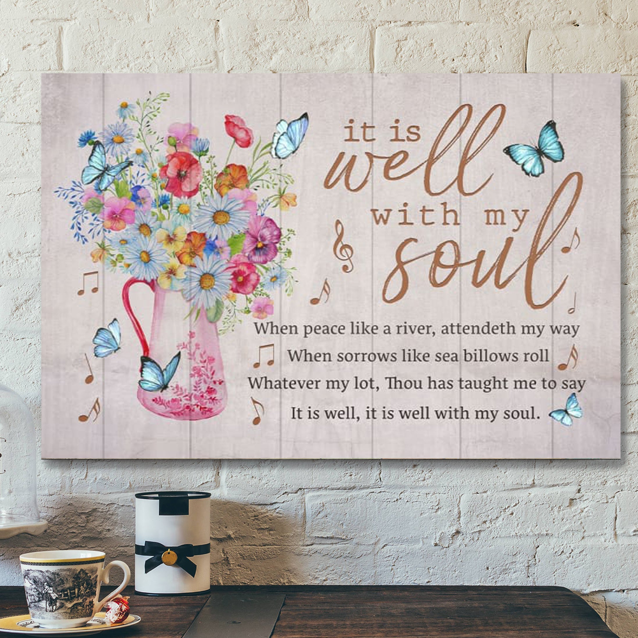 Bible Verse Canvas – It Is Well With My Soul Butterfly Floral Canvas Wall Art – Scripture Canvas Wall Art