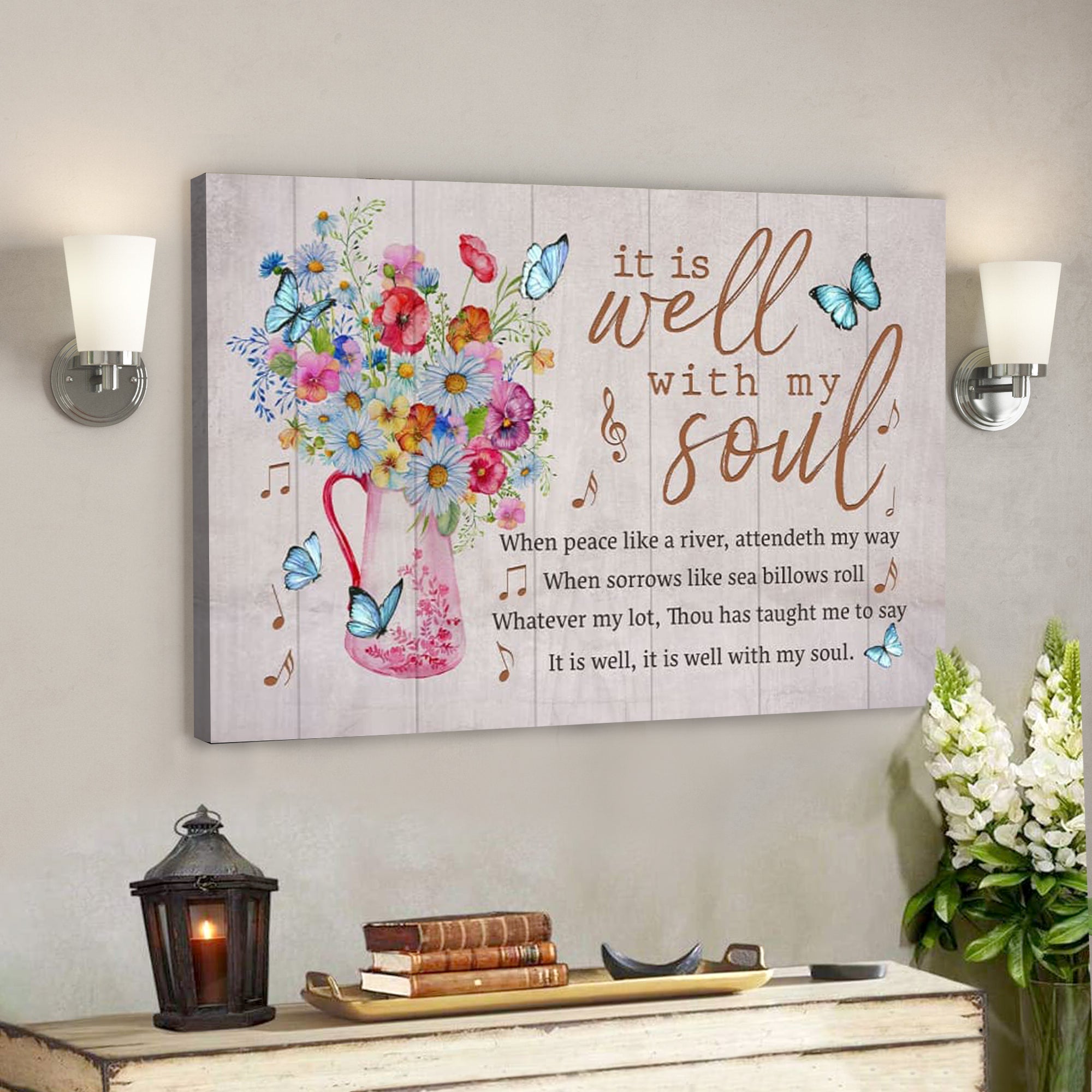 Bible Verse Canvas – It Is Well With My Soul Butterfly Floral Canvas Wall Art – Scripture Canvas Wall Art