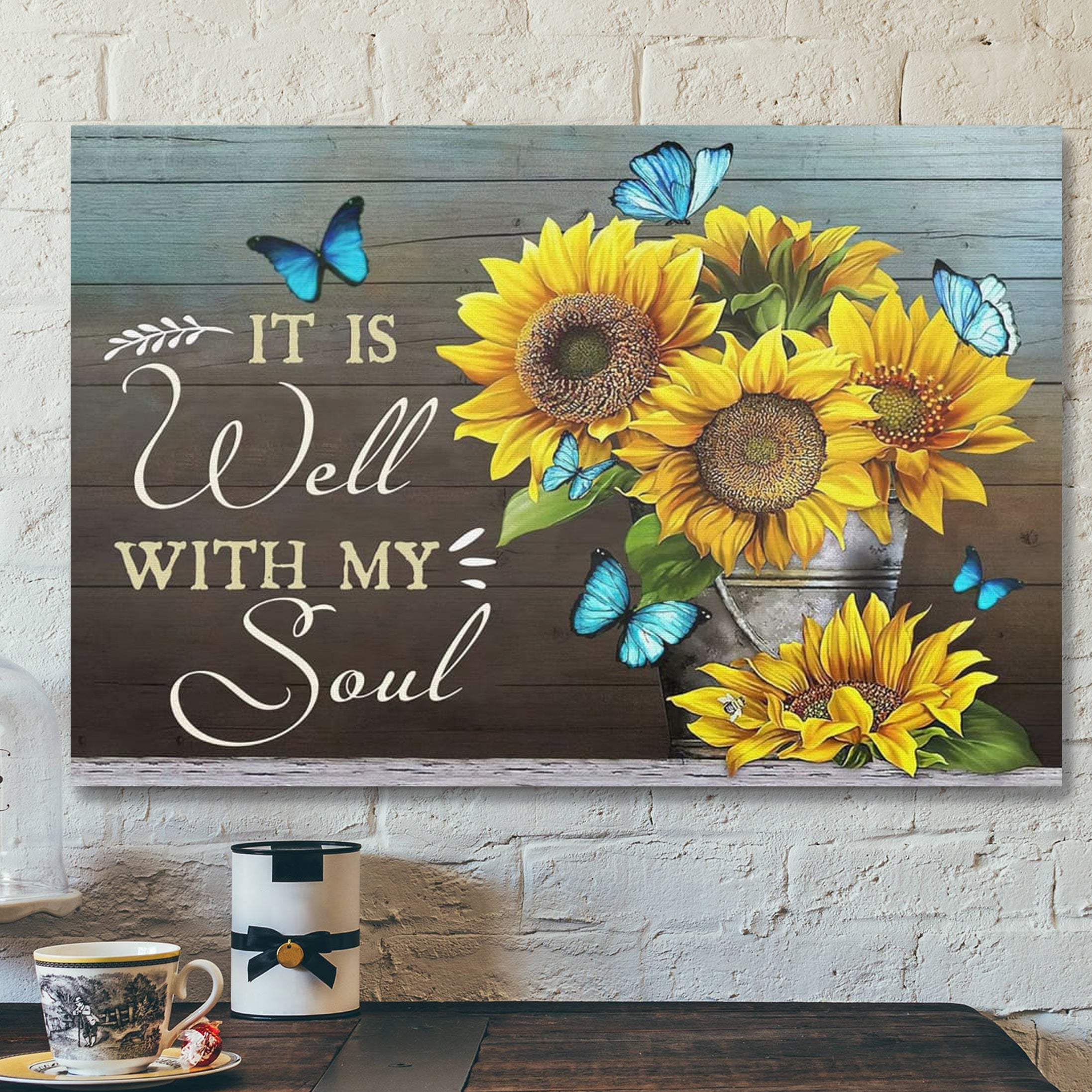 Bible Verse Canvas – It Is Well With My Soul Butterfly Sunflower Canvas Art – Scripture Canvas Wall Art