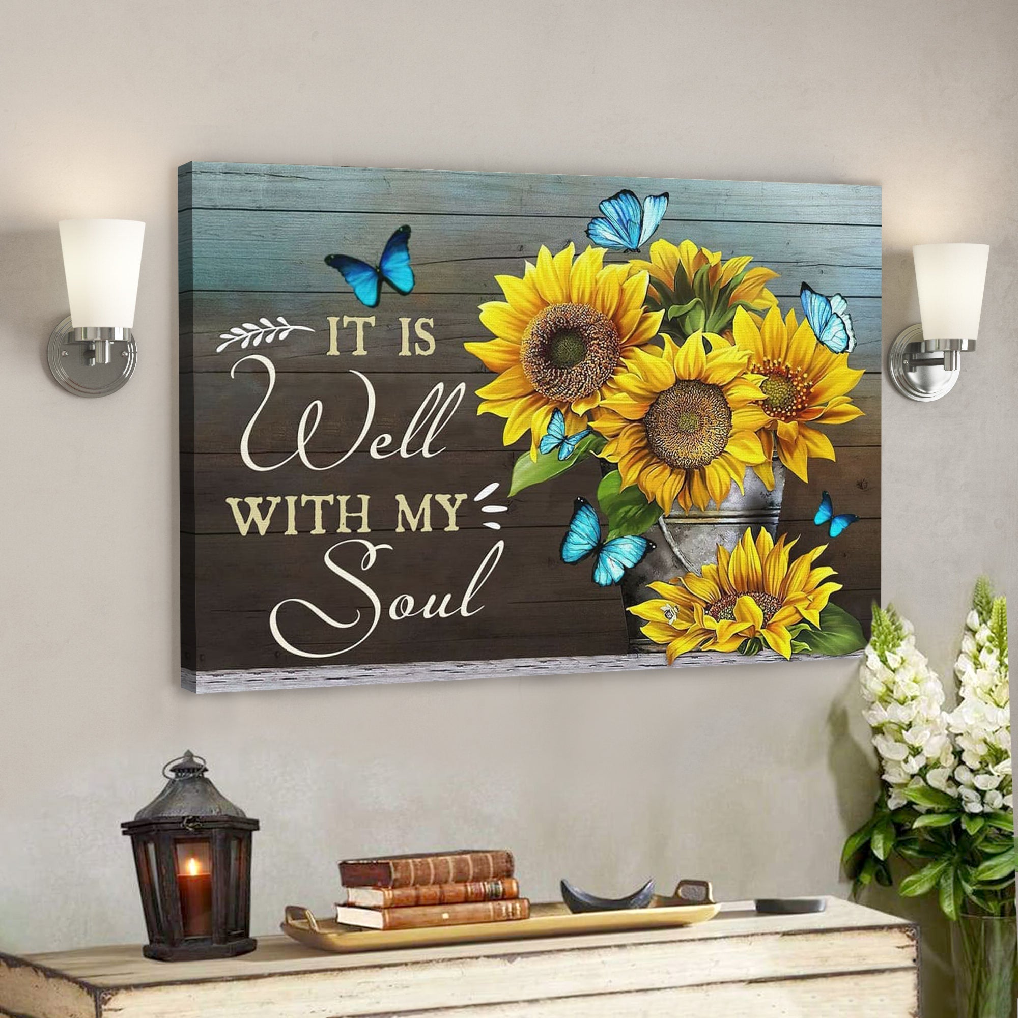 Bible Verse Canvas – It Is Well With My Soul Butterfly Sunflower Canvas Art – Scripture Canvas Wall Art