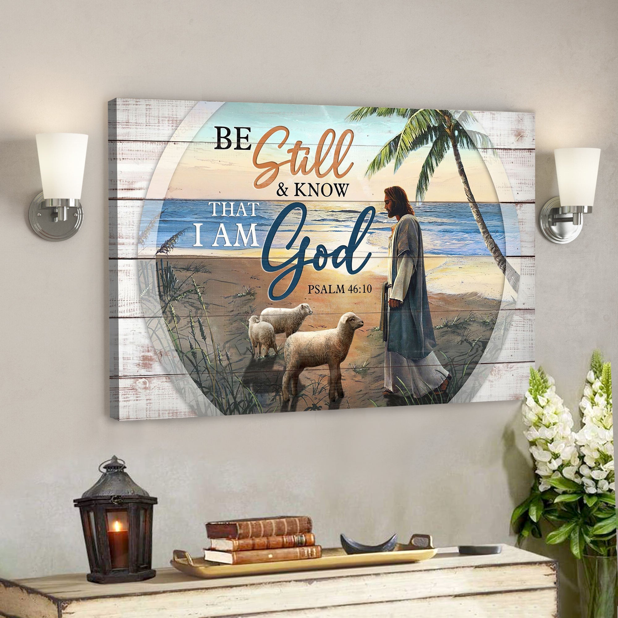 Bible Verse Canvas – Jesus And Lambs On The Peaceful Beach Canvas Wall Art – Scripture Canvas Wall Art