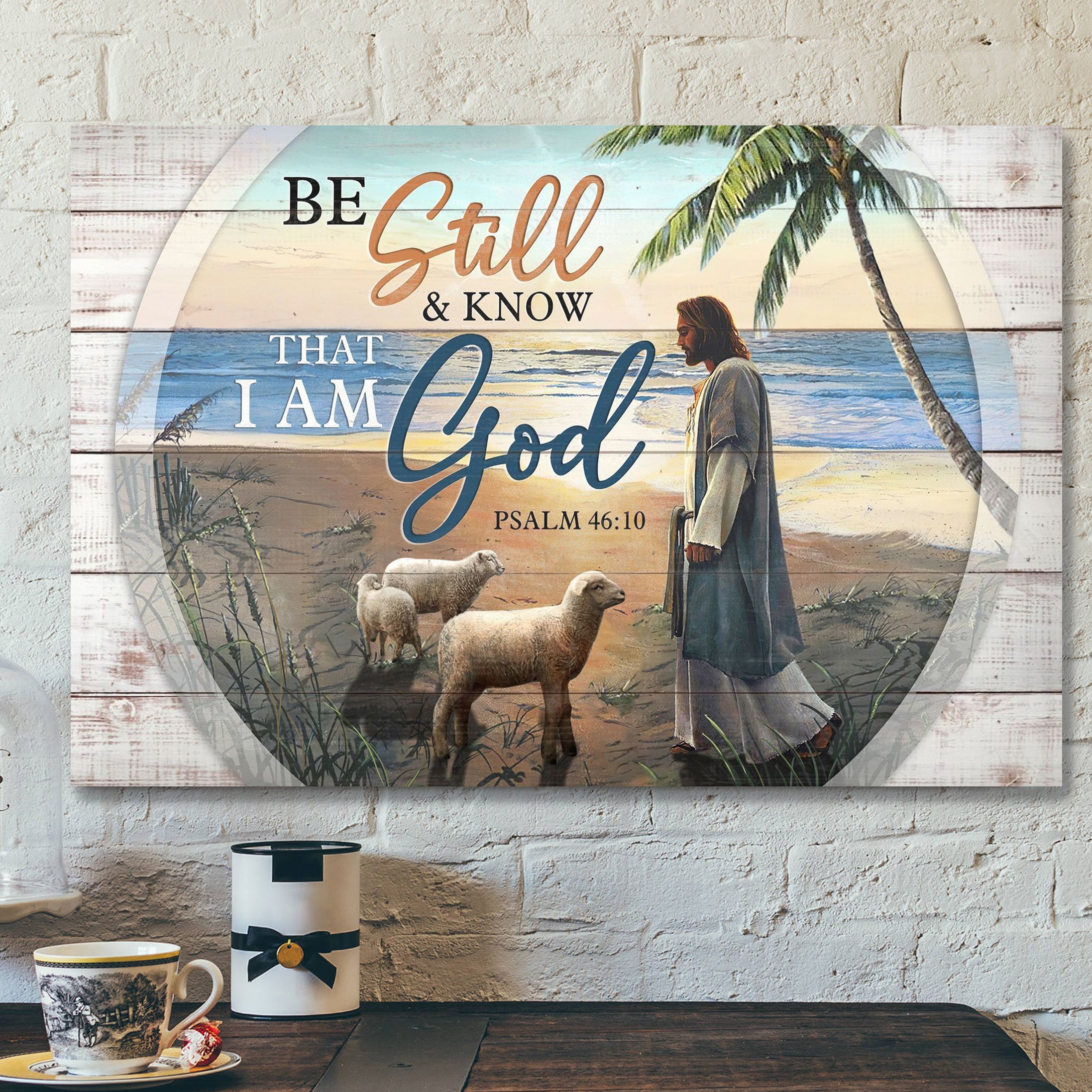 Bible Verse Canvas – Jesus And Lambs On The Peaceful Beach Canvas Wall Art – Scripture Canvas Wall Art