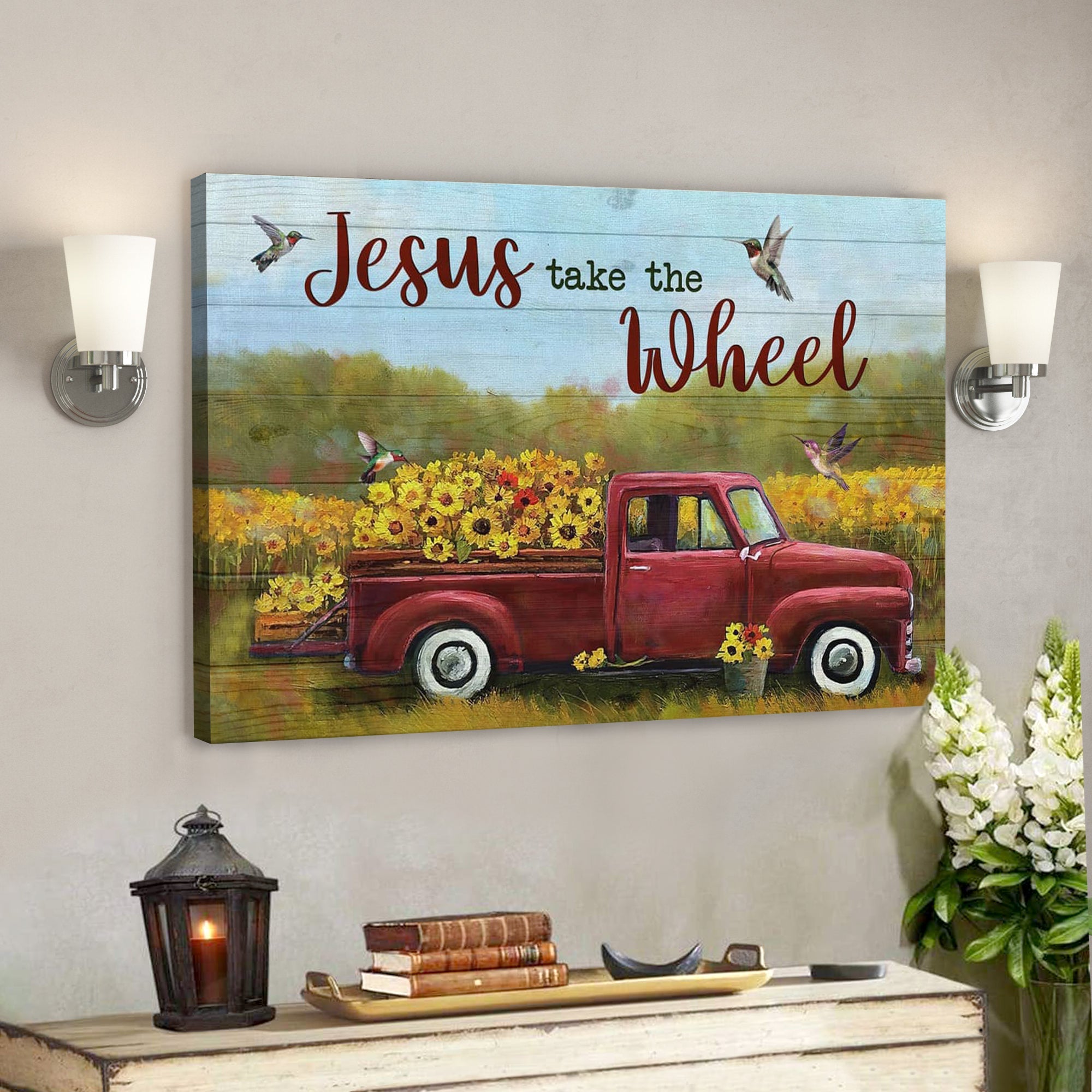 Bible Verse Canvas – Jesus Take The Wheel Flower Truck Canvas – Scripture Canvas Wall Art