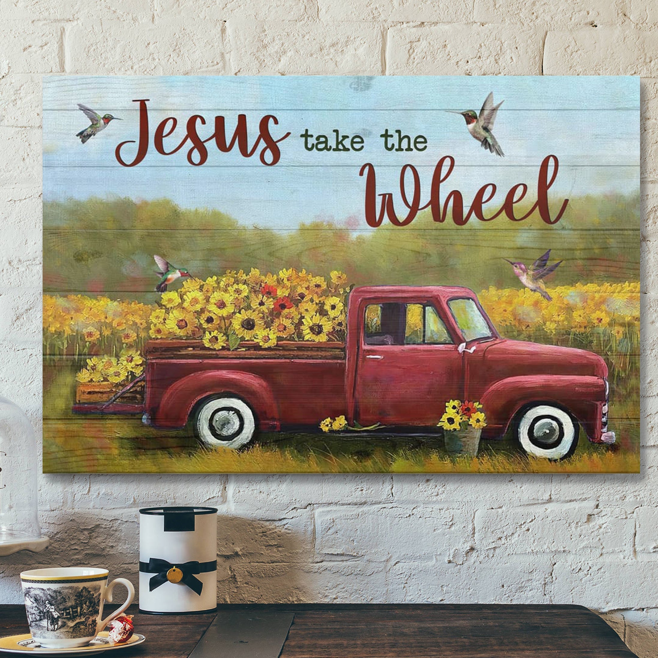 Bible Verse Canvas – Jesus Take The Wheel Flower Truck Canvas – Scripture Canvas Wall Art