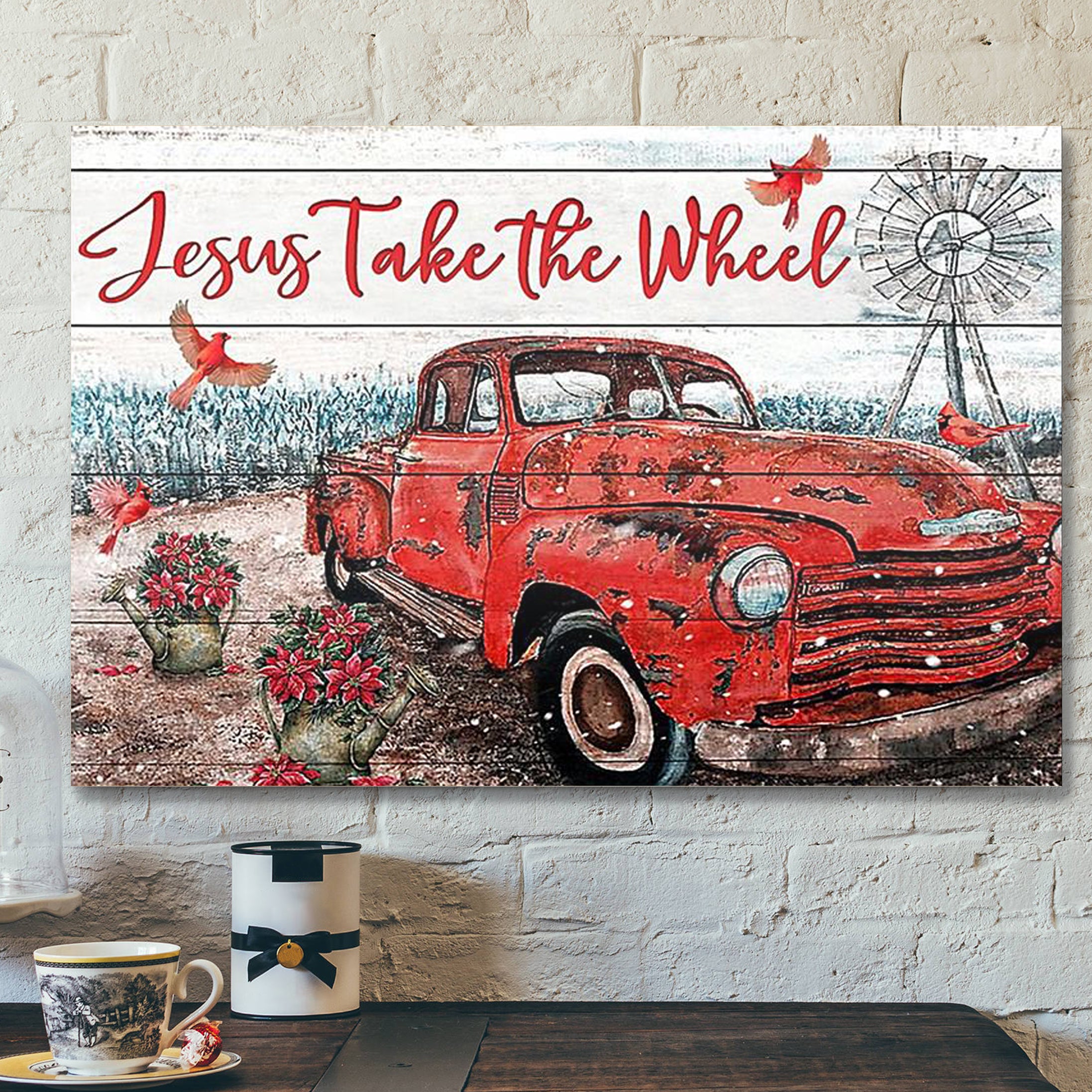 Bible Verse Canvas – Jesus Take The Wheel Red Truck Cardinal – Scripture Canvas Wall Art