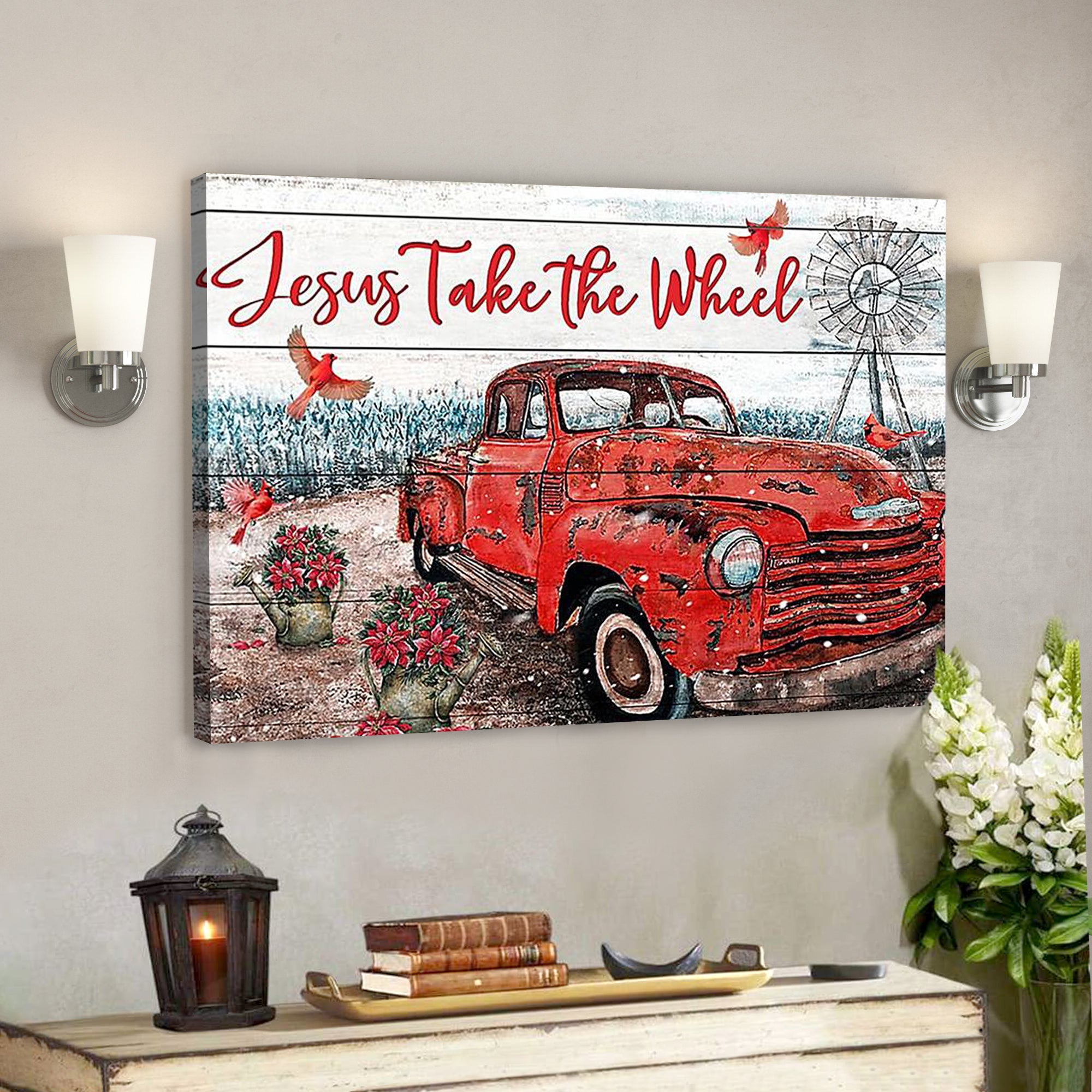 Bible Verse Canvas – Jesus Take The Wheel Red Truck Cardinal – Scripture Canvas Wall Art