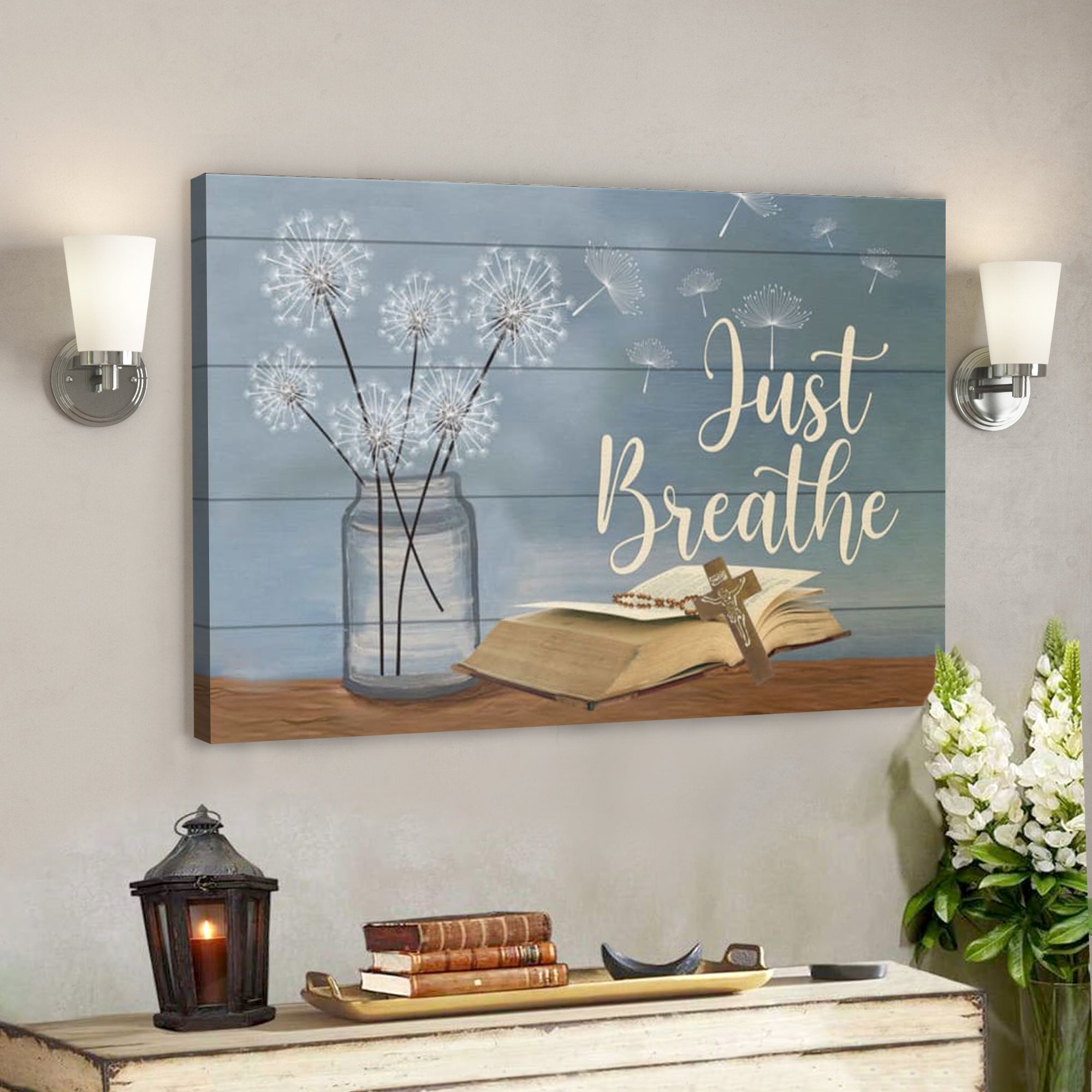 Bible Verse Canvas – Just Breathe Flower In Vase Cross On Bible Wall Art Canvas – Scripture Canvas Wall Art