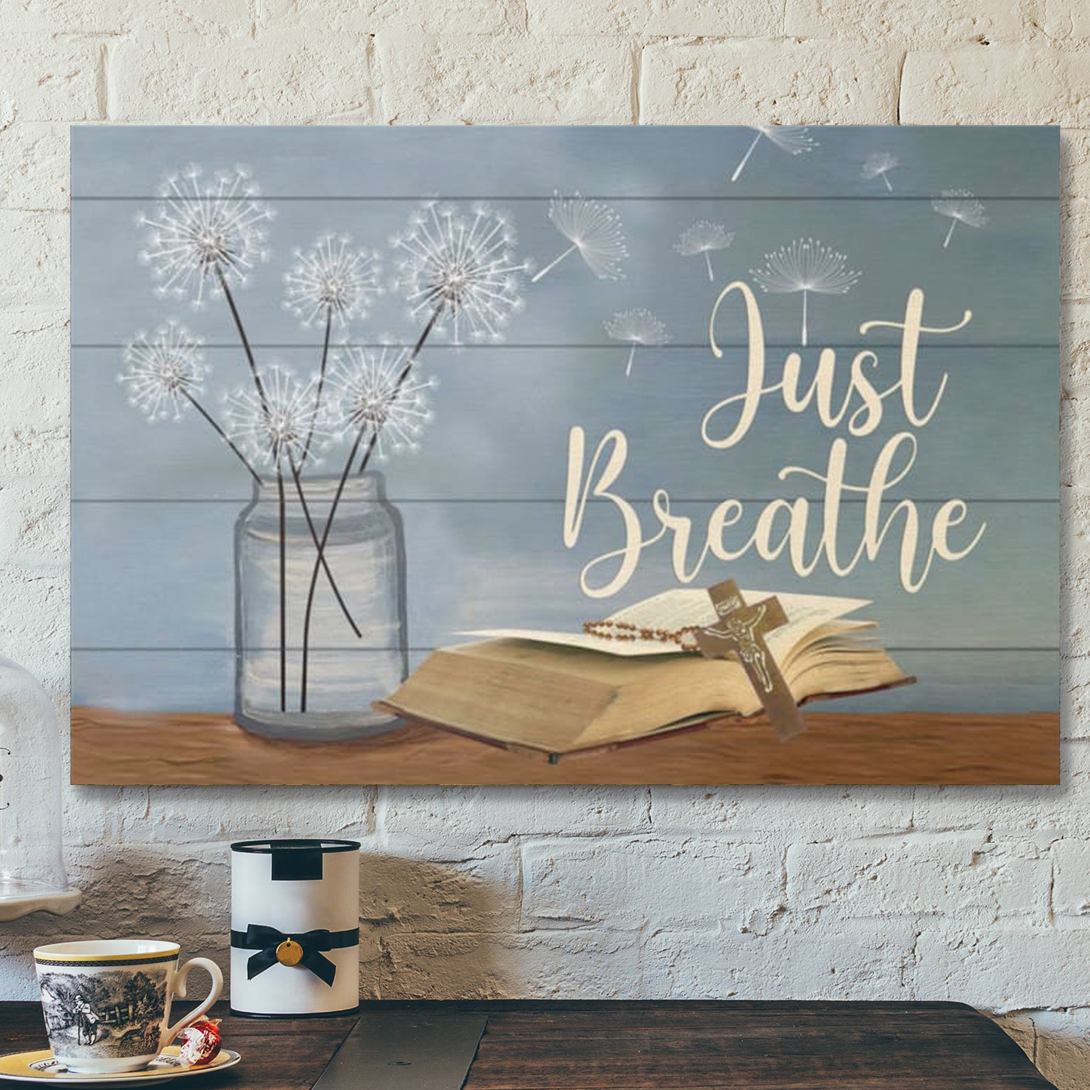 Bible Verse Canvas – Just Breathe Flower In Vase Cross On Bible Wall Art Canvas – Scripture Canvas Wall Art