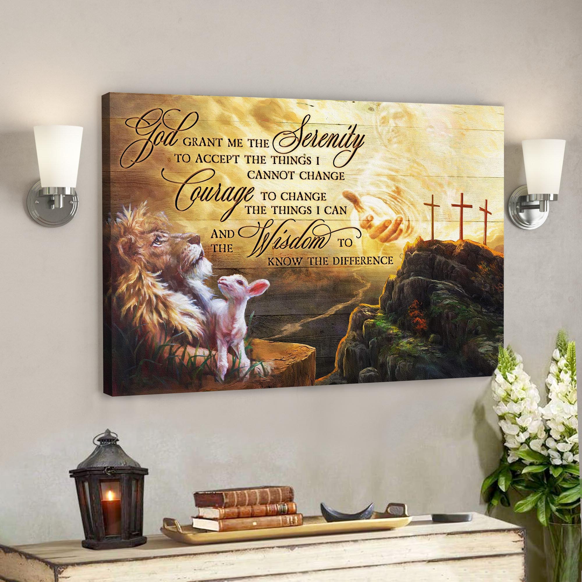 Bible Verse Canvas – Lion And Lamb – God Grant Me The Serenity Canvas Wall Art