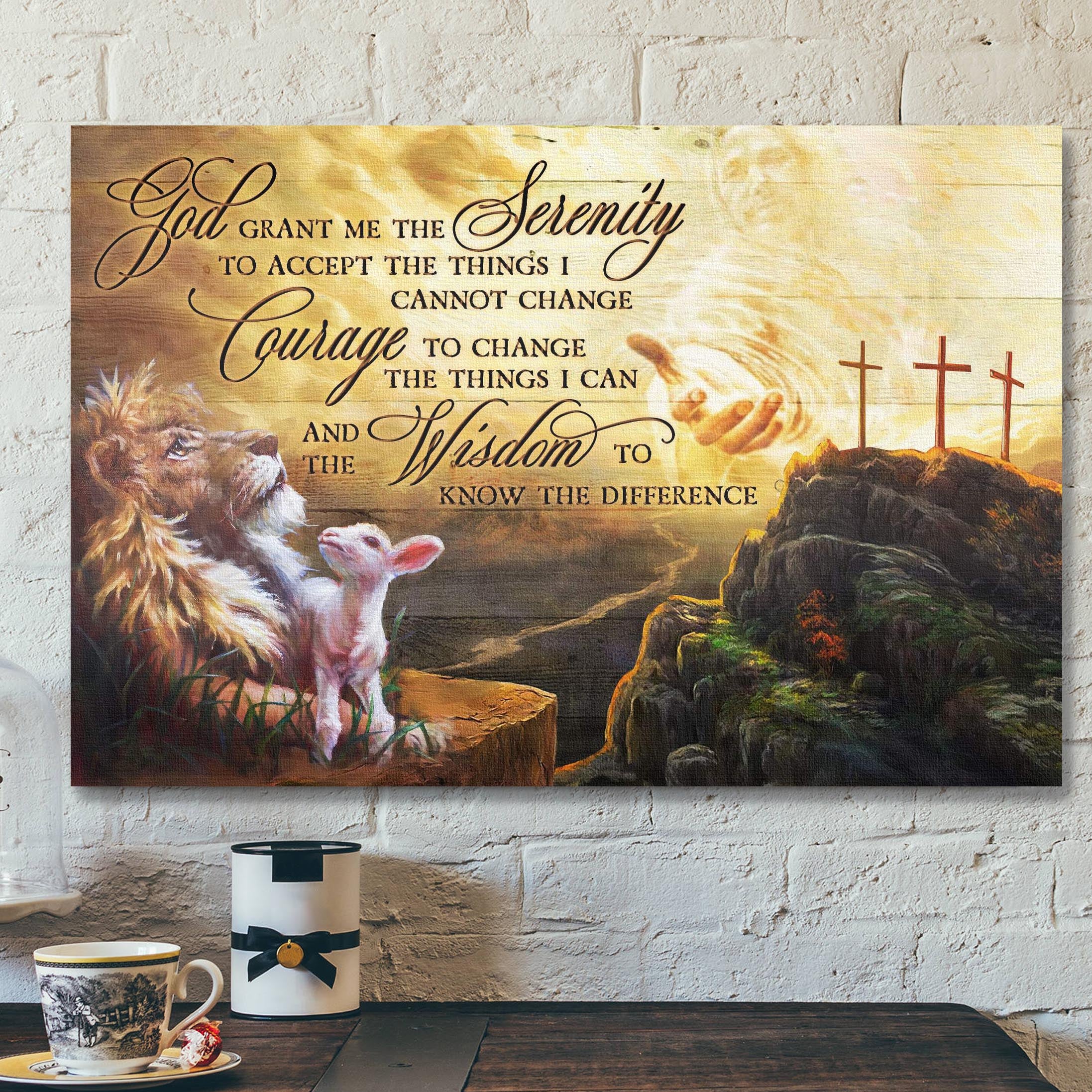 Bible Verse Canvas – Lion And Lamb – God Grant Me The Serenity Canvas Wall Art