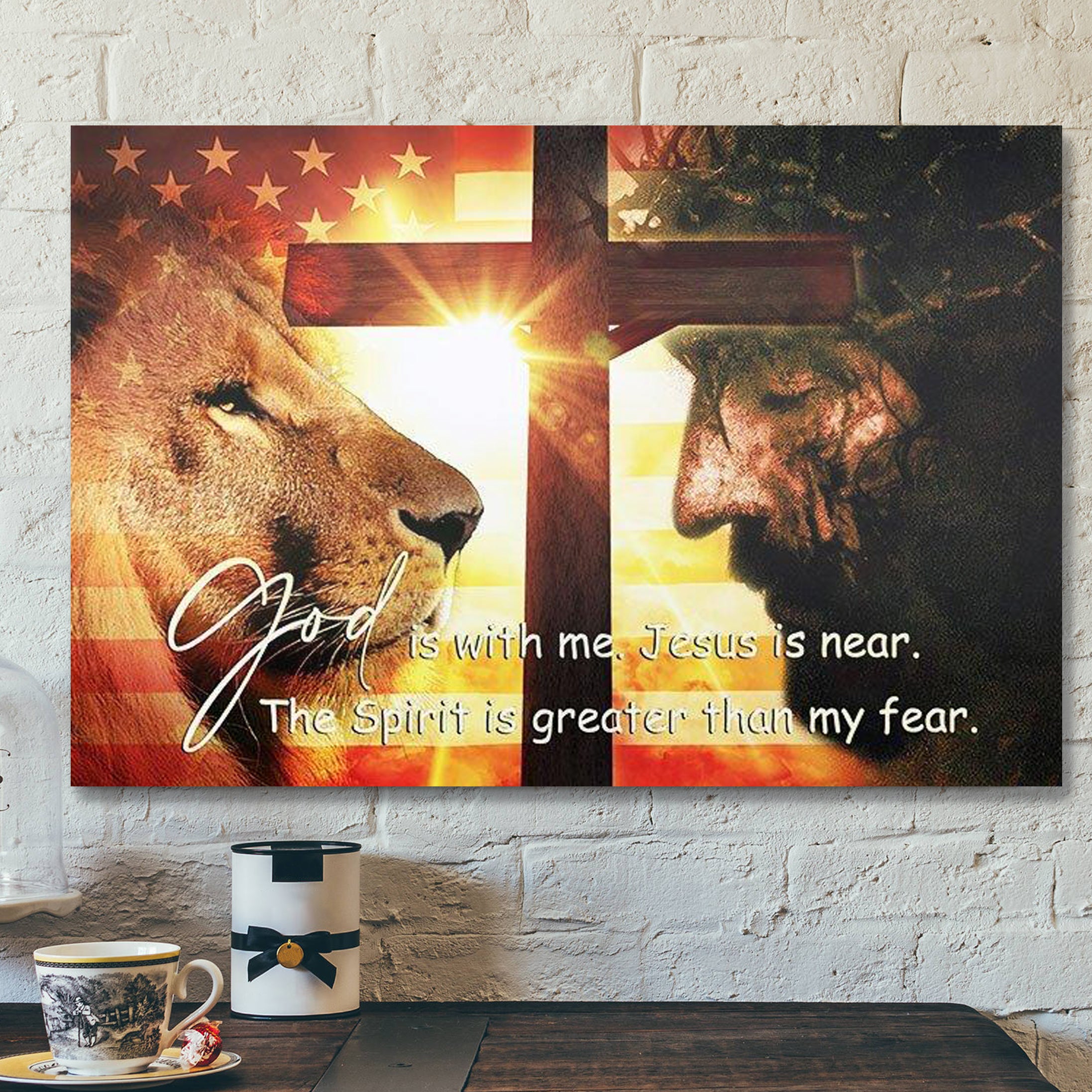 Bible Verse Canvas – Lion God Is With Me Jesus Is Near – Scripture Canvas Wall Art