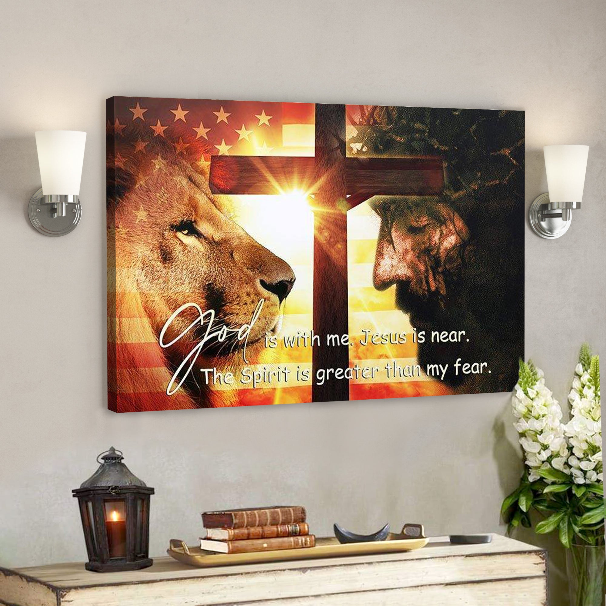 Bible Verse Canvas – Lion God Is With Me Jesus Is Near – Scripture Canvas Wall Art