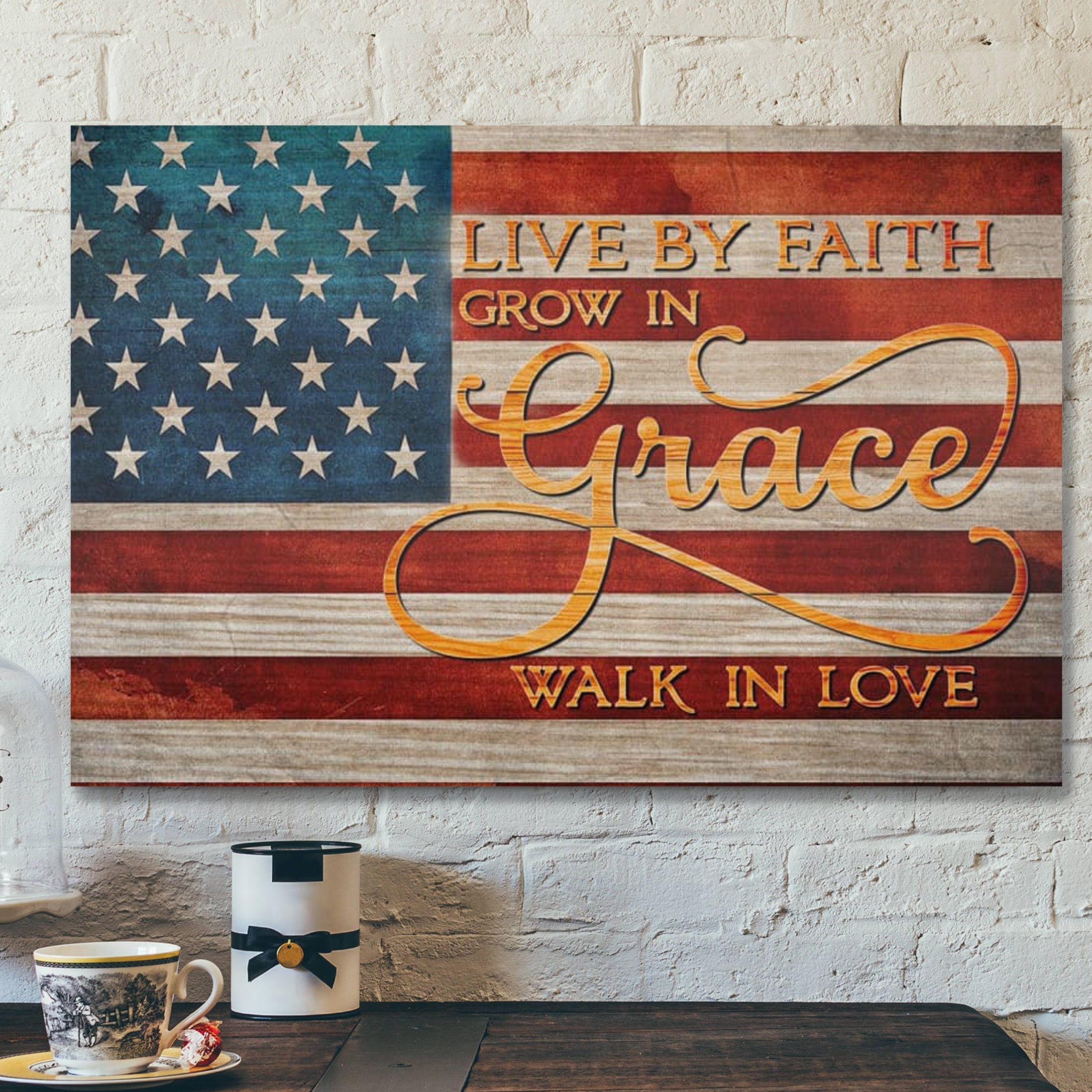 Bible Verse Canvas – Live By Faith Grow In Grace Walk In Love Canvas – American Christian Wall Art – Scripture Canvas Wall Art