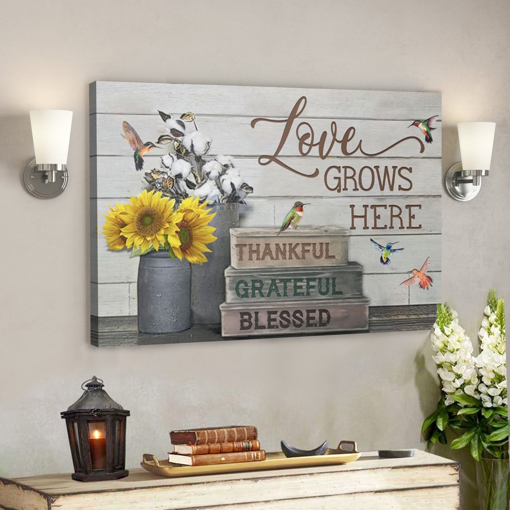 Bible Verse Canvas – Love Grows Here Thankful Grateful Blessed Wall Art Canvas – Scripture Canvas Wall Art