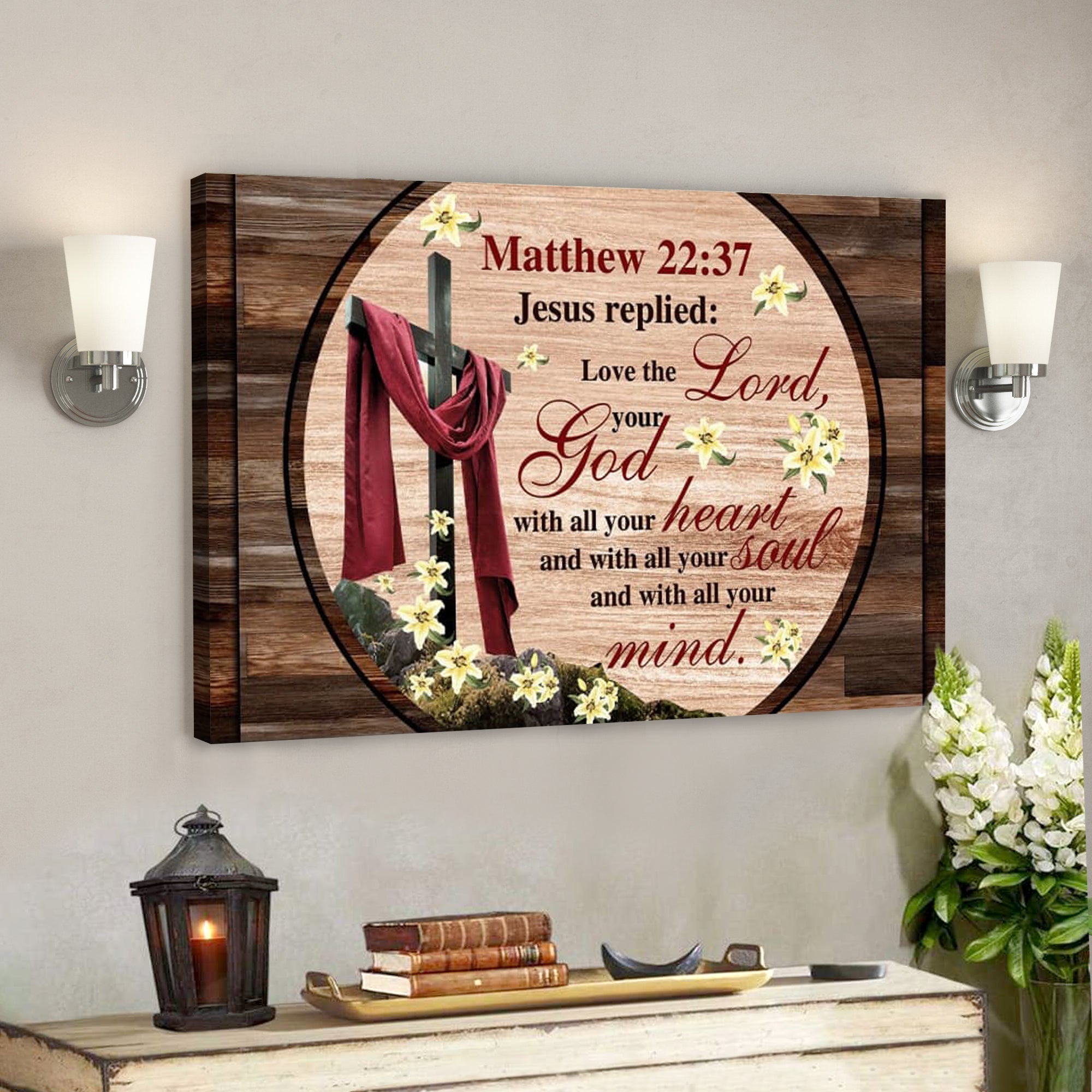 Bible Verse Canvas – Love The Lord Your God With All Your Heart Canvas Wall Art – Scripture Canvas Wall Art