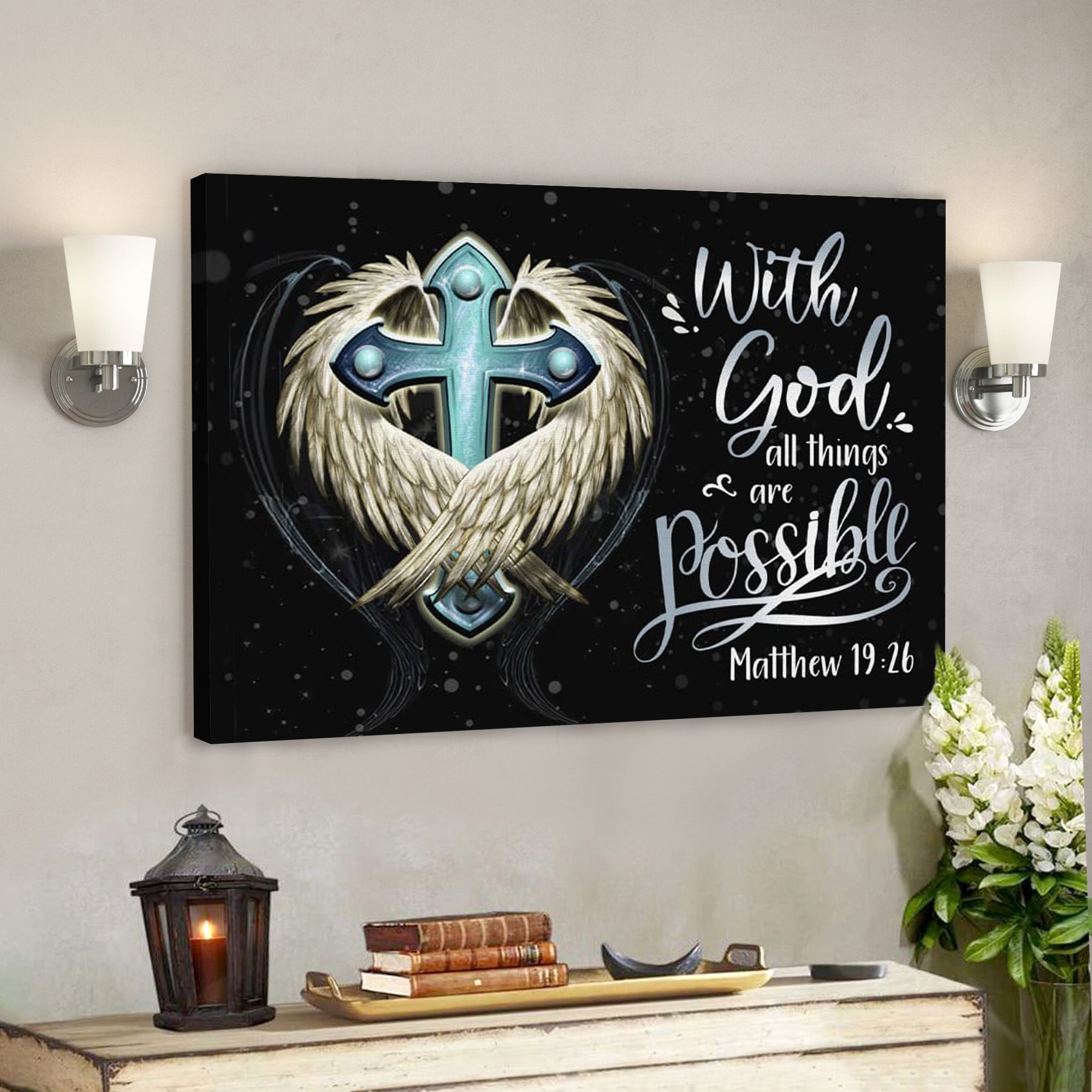 Bible Verse Canvas – Matthew 1926 With God All Things Are Possible Canvas Print – Scripture Canvas Wall Art