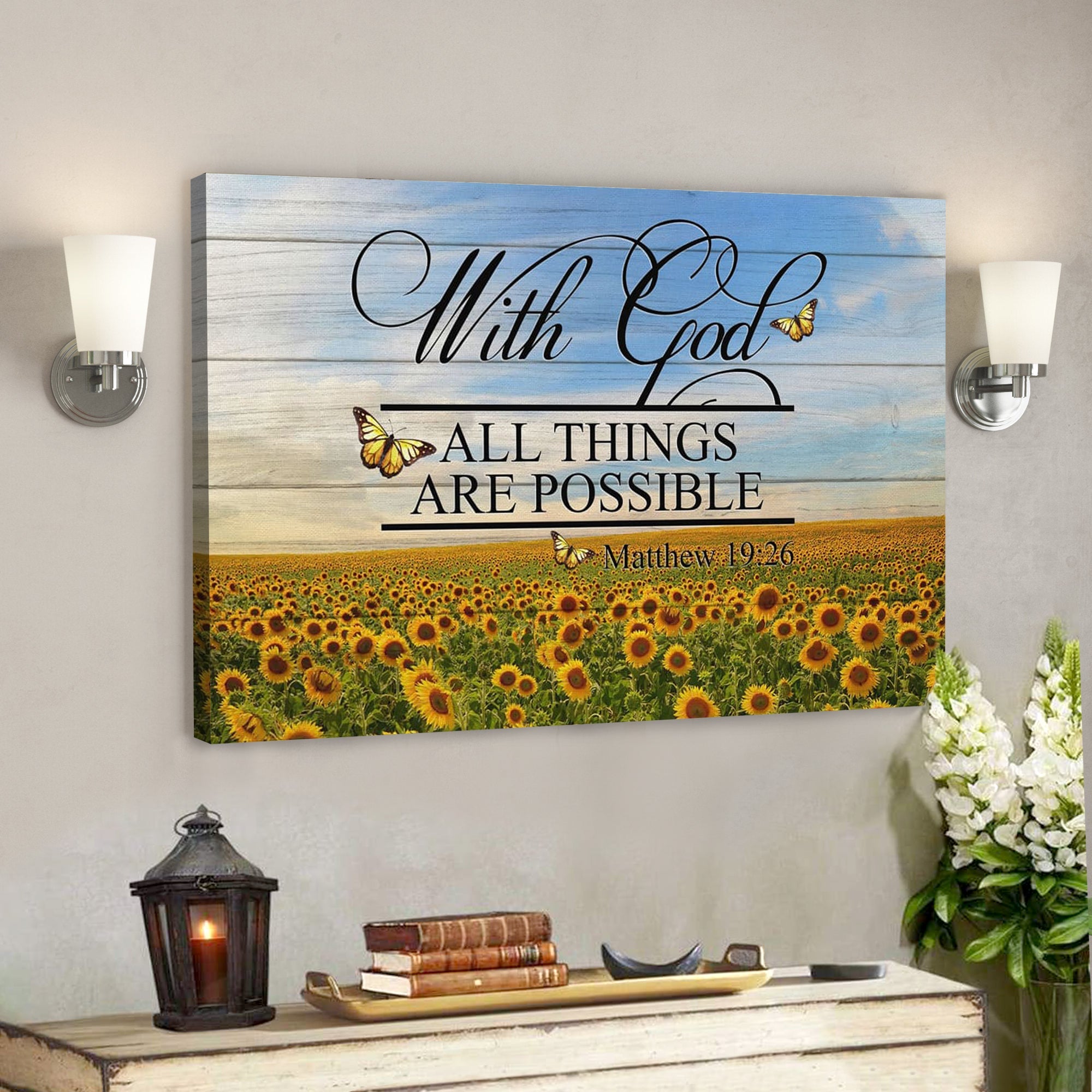 Bible Verse Canvas – Matthew 1926 With God All Things Are Possible Landscape Wall Art – Scripture Canvas Wall Art