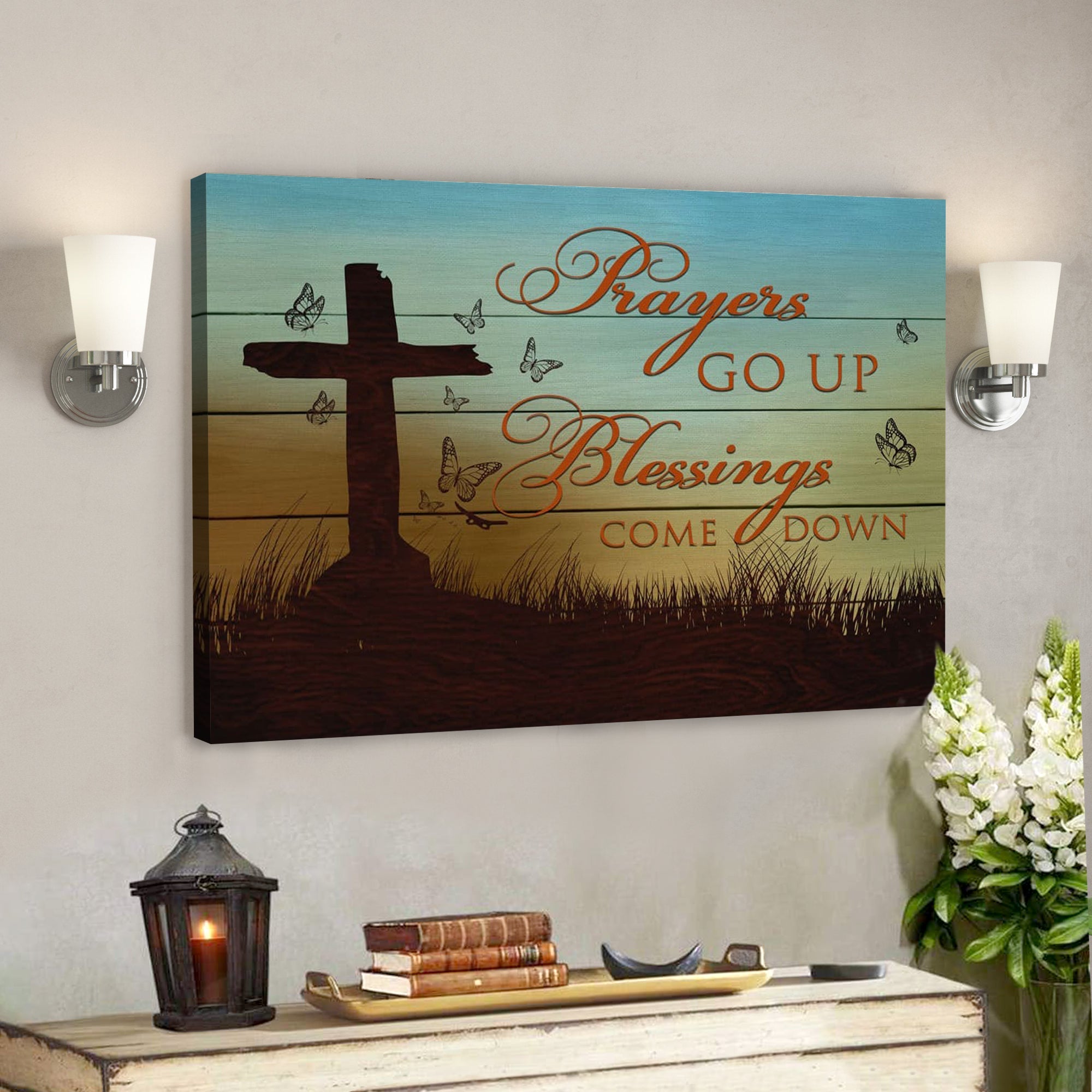 Bible Verse Canvas – Prayers Go Up Blessings Come Down Canvas – Scripture Canvas Wall Art