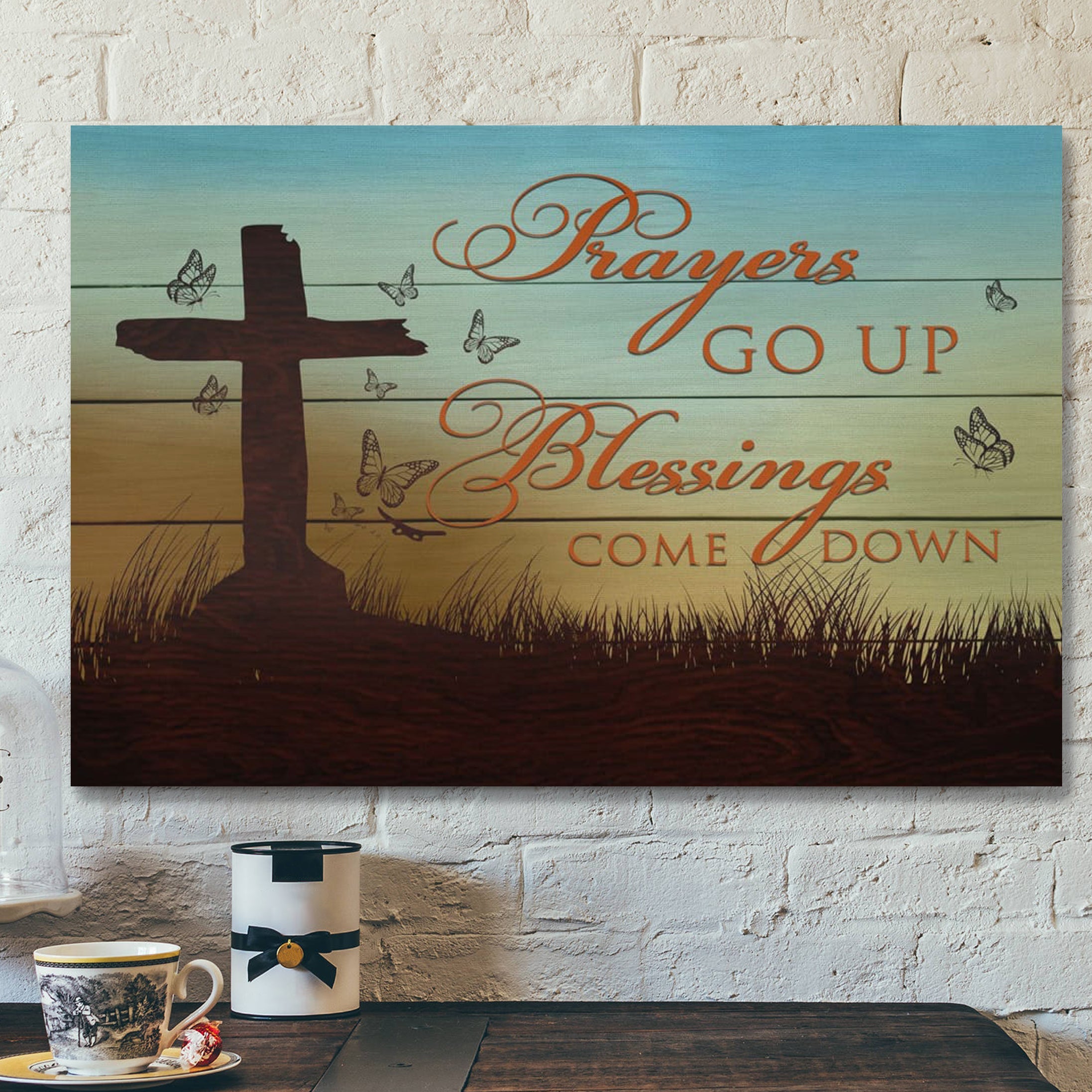 Bible Verse Canvas – Prayers Go Up Blessings Come Down Canvas – Scripture Canvas Wall Art