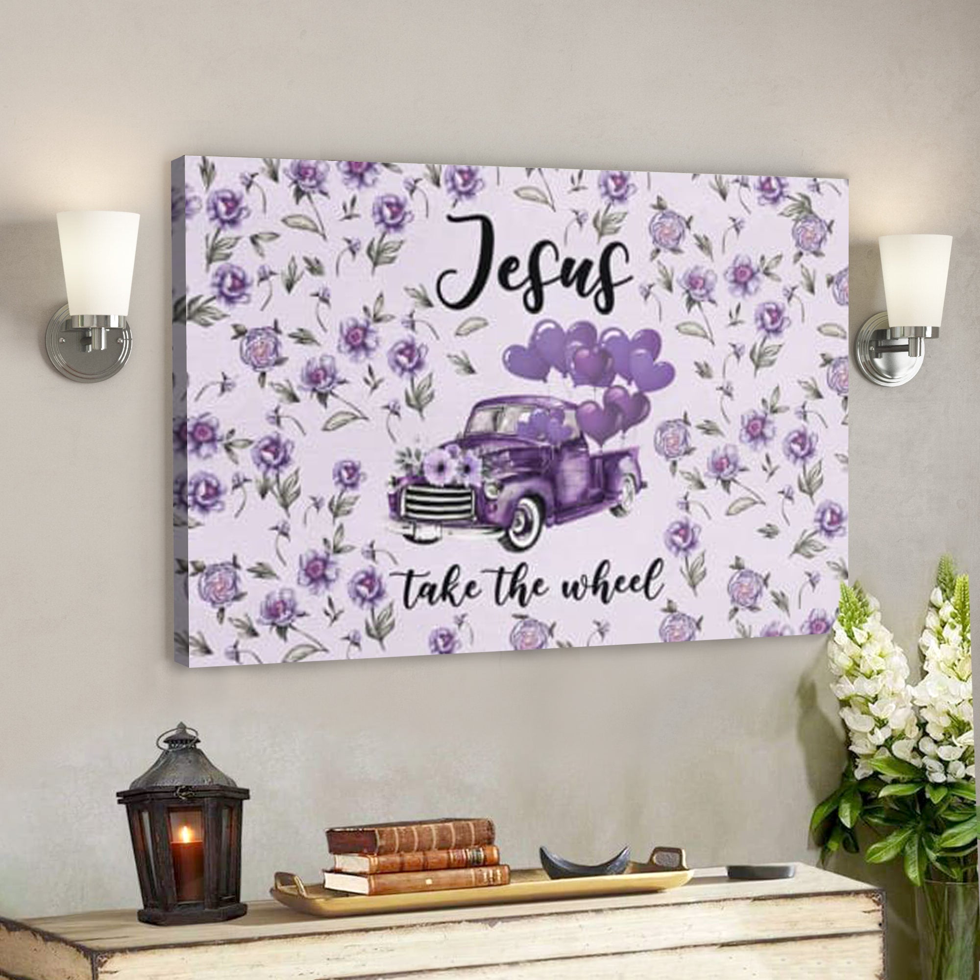 Bible Verse Canvas – Purple Jesus Take The Wheel Canvas Wall Art – Scripture Canvas Wall Art