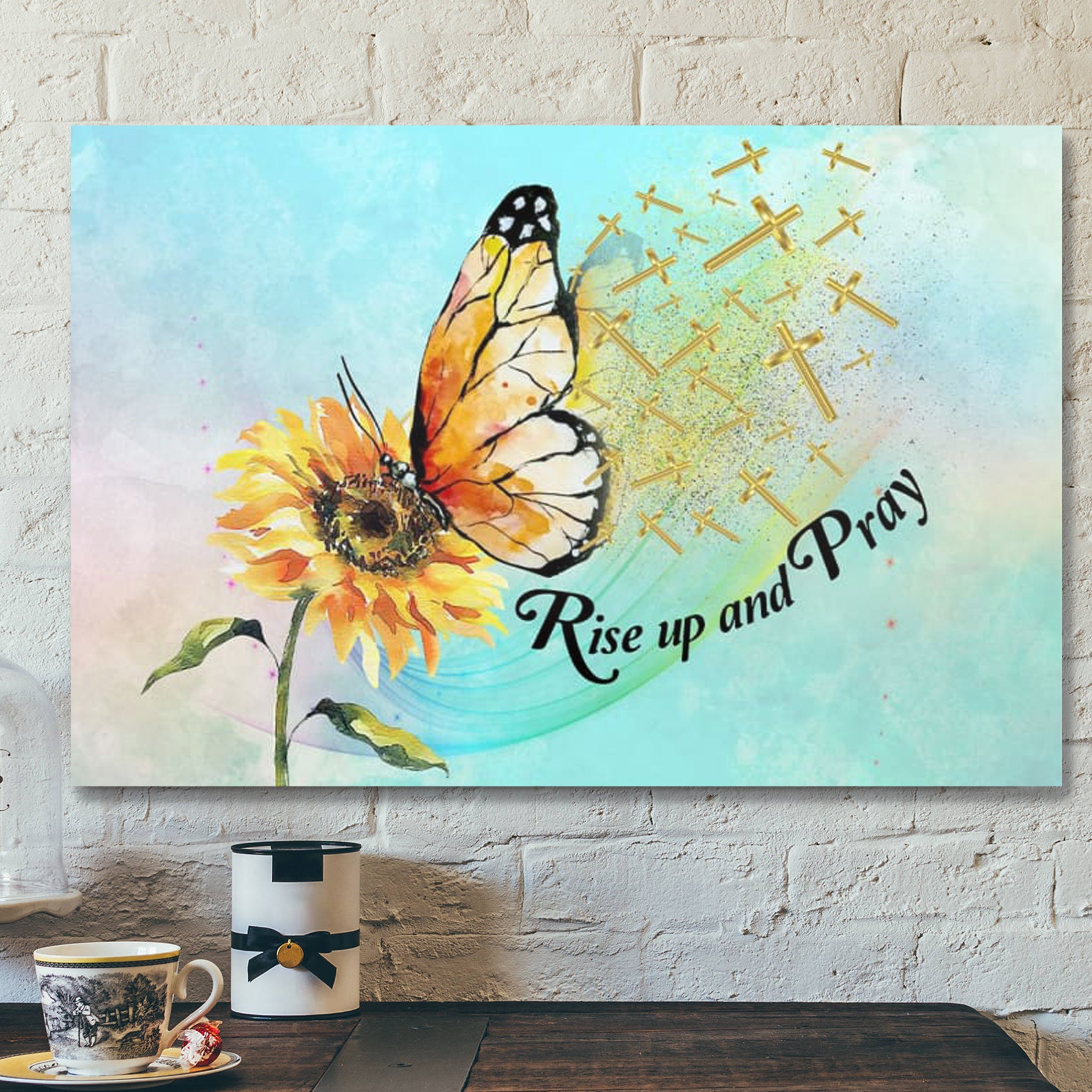 Bible Verse Canvas – Rise Up And Pray Butterfly Sunflower Christian Canvas Wall Art – Scripture Canvas Wall Art