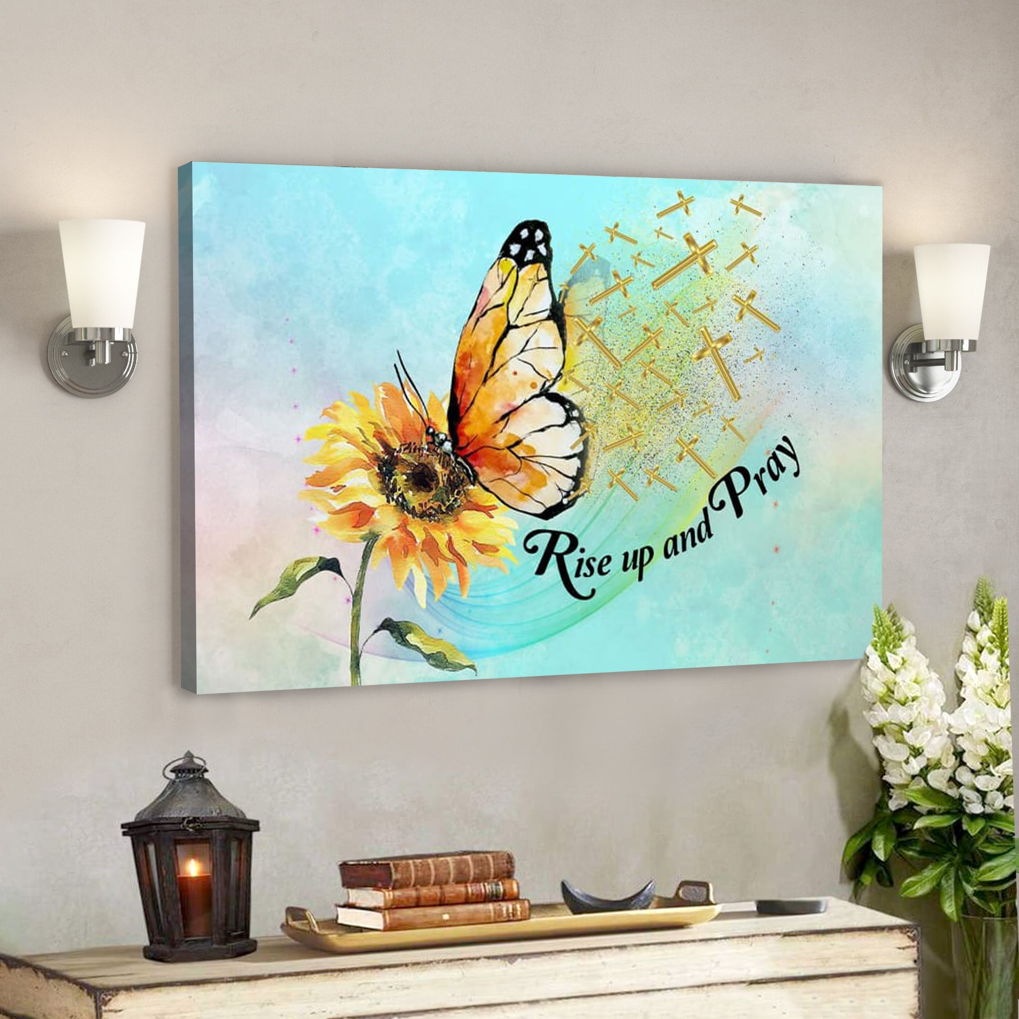 Bible Verse Canvas – Rise Up And Pray Butterfly Sunflower Christian Canvas Wall Art – Scripture Canvas Wall Art