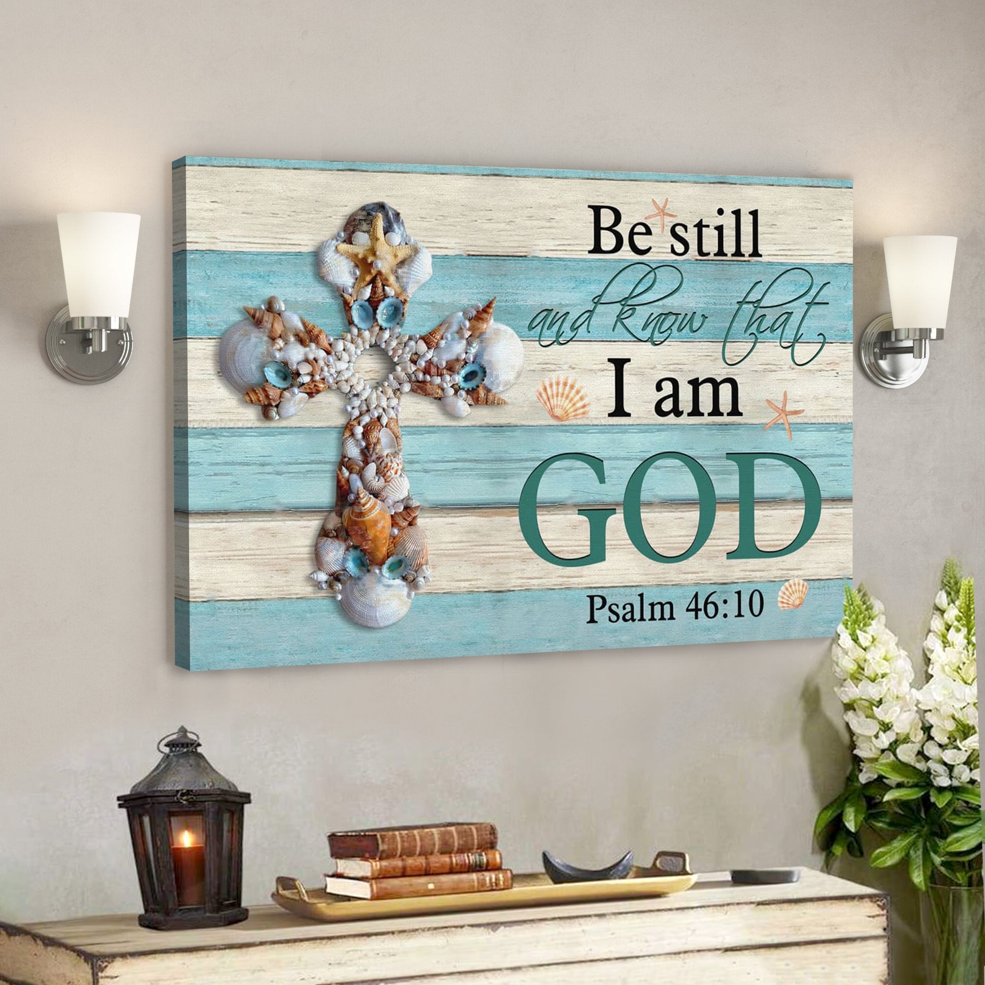 Bible Verse Canvas – Seashell Cross Be Still And Know Psalm 4610 Wall Art Canvas – Scripture Canvas Wall Art